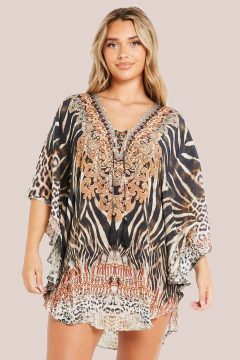 Aftershock London Animal Print Short Beach Dress Kaftan