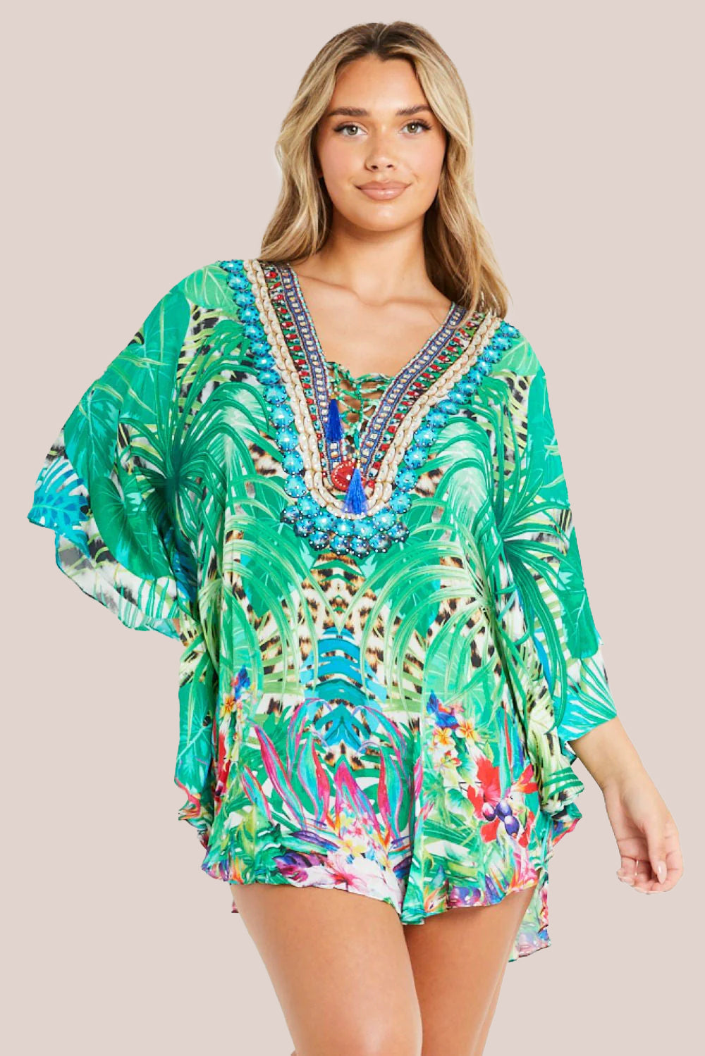 Tropical Green Short Beach Dress Kaftan AL2416