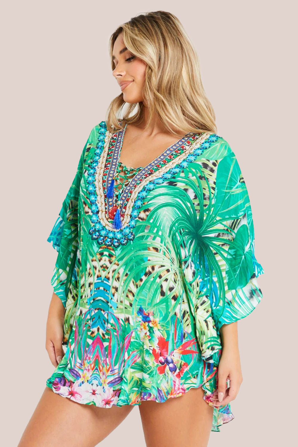 Tropical Green Short Beach Dress Kaftan AL2416