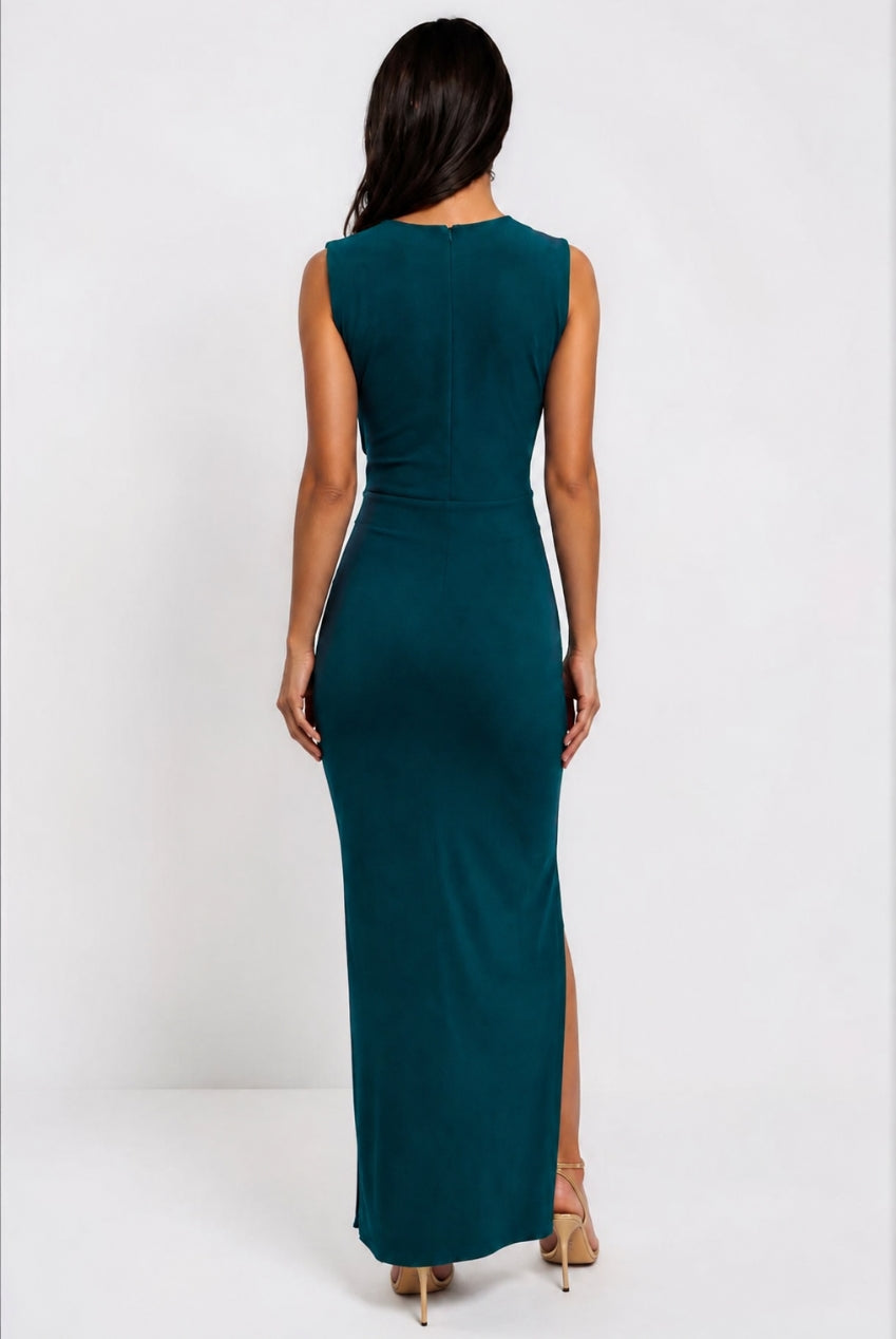 Amor Green V Front Maxi Dress With Front Sash HG-AMORR-DRESS