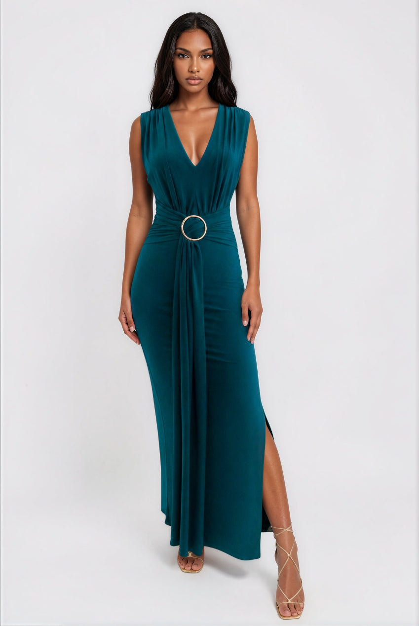 Amor Green V Front Maxi Dress With Front Sash HG-AMORR-DRESS