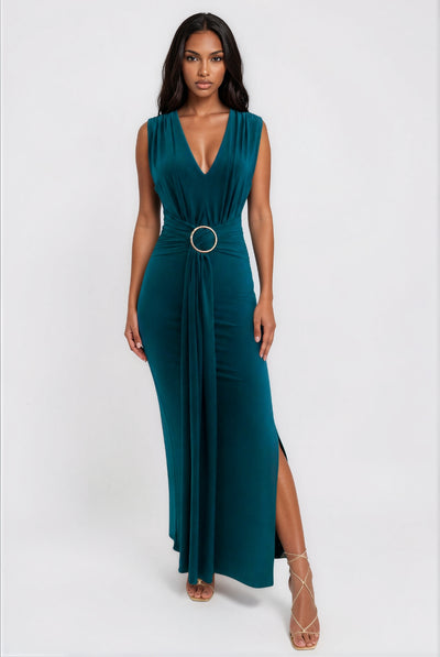 Green - Amor Green V Front Maxi Dress With Front Sash by Honor Gold