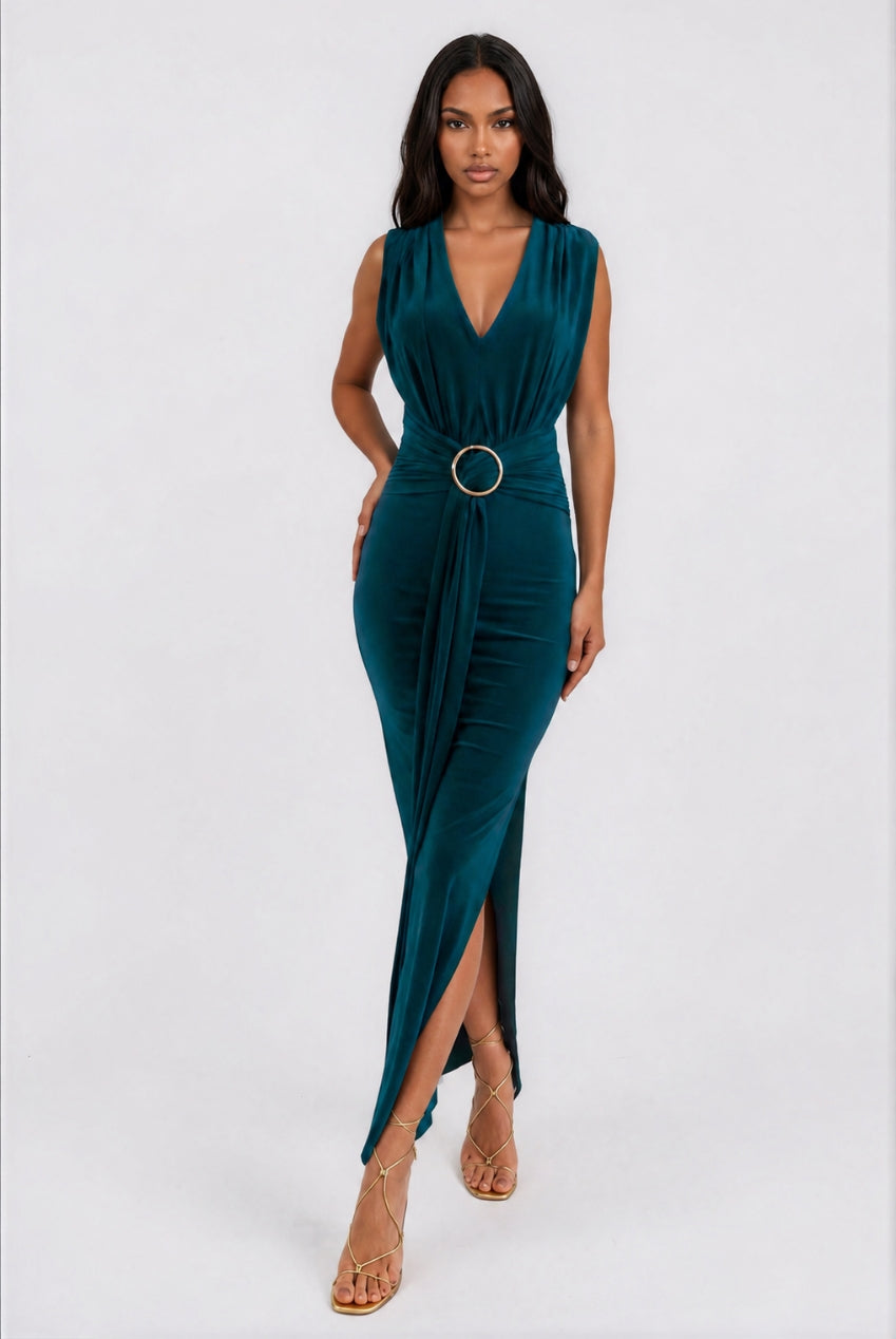 Amor Green V Front Maxi Dress With Front Sash HG-AMORR-DRESS