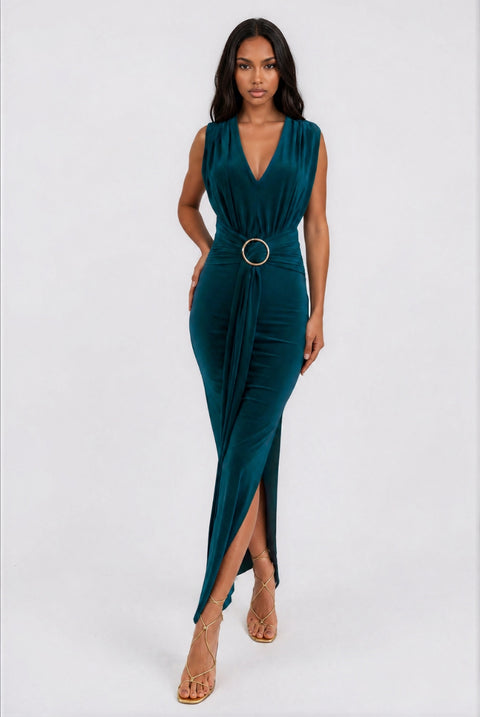 Amor Green V Front Maxi Dress With Front Sash by Honor Gold
