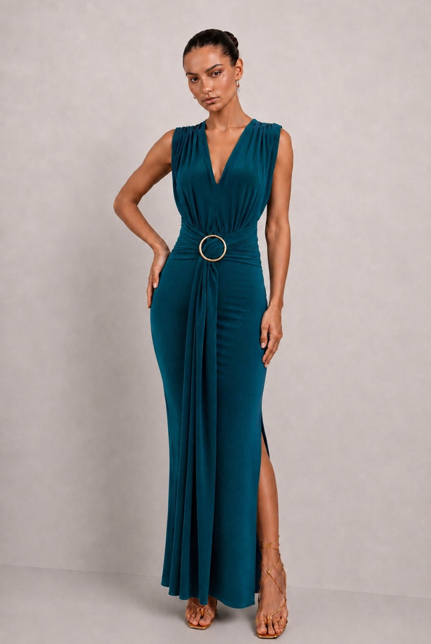 Amor Green V Front Maxi Dress With Front Sash HG-AMORR-DRESS