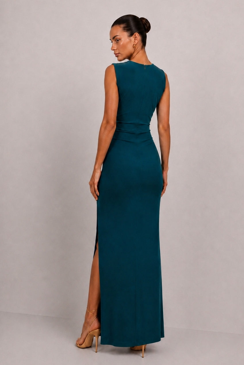 Amor Green V Front Maxi Dress With Front Sash HG-AMORR-DRESS