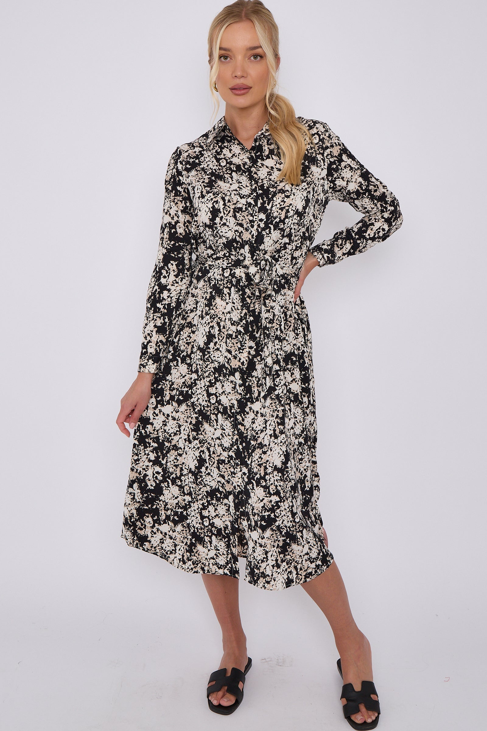 Black Tie Dye Print Long Sleeve Midi Shirt Dress LS-2156L-S46