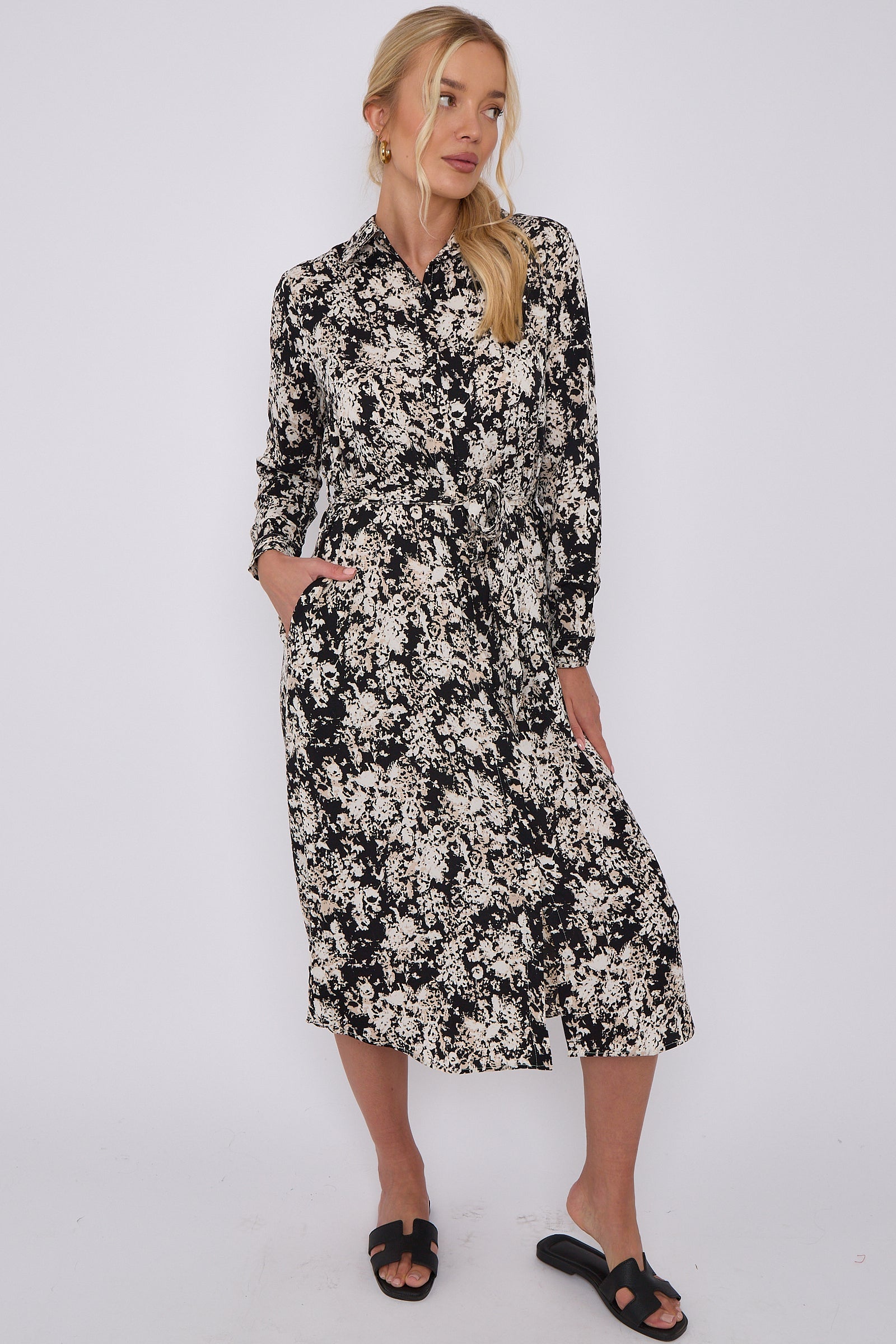 Black Tie Dye Print Long Sleeve Midi Shirt Dress LS-2156L-S46