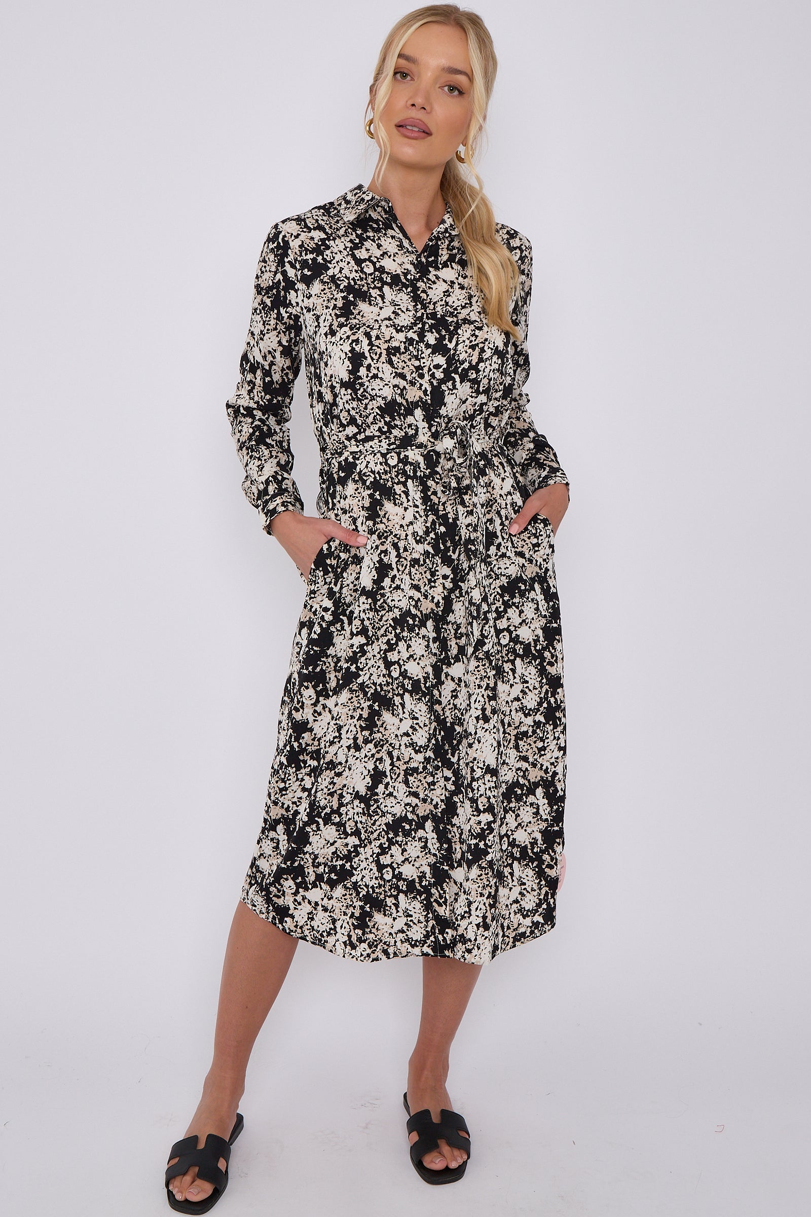 Black Tie Dye Print Long Sleeve Midi Shirt Dress LS-2156L-S46