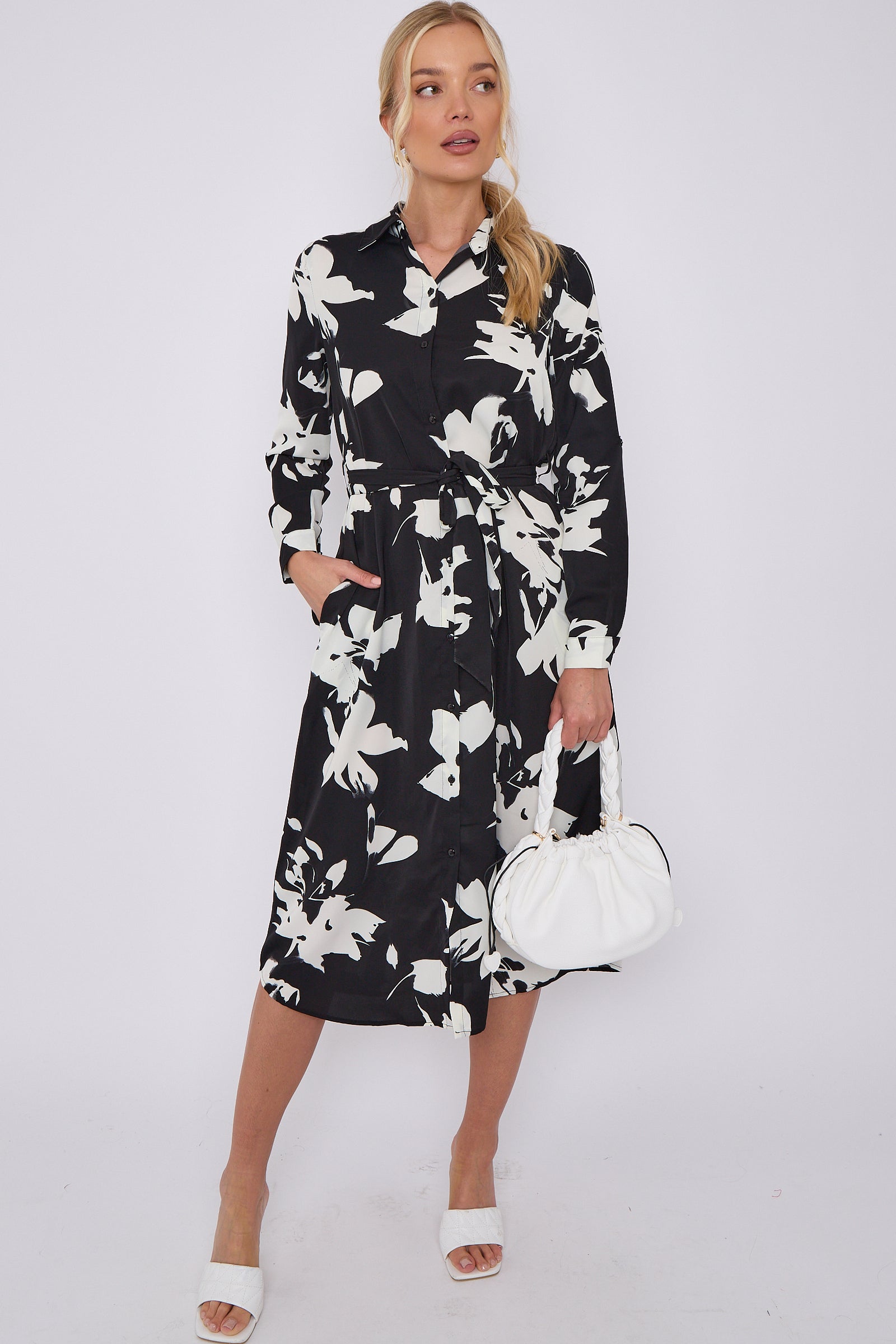 Mono Floral Print Midi Shirt Dress LS-2156L-S43