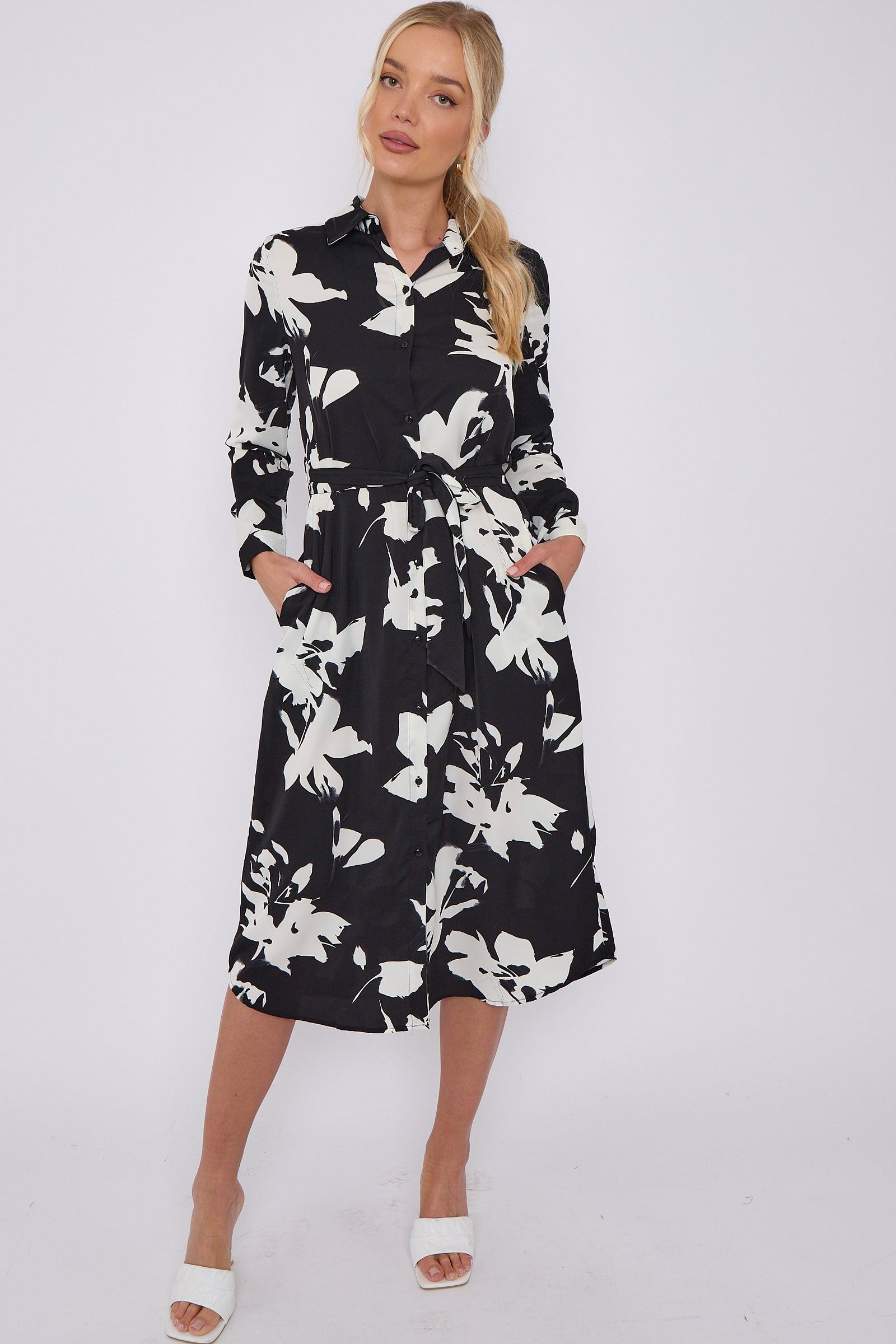 Mono Floral Print Midi Shirt Dress LS-2156L-S43