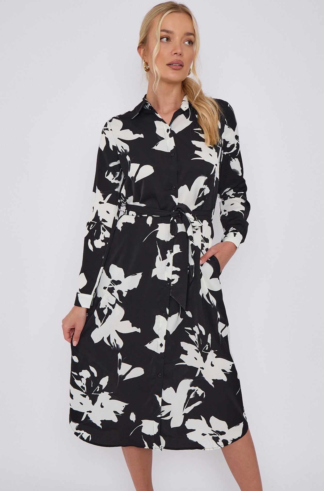 Mono Floral Print Midi Shirt Dress LS-2156L-S43