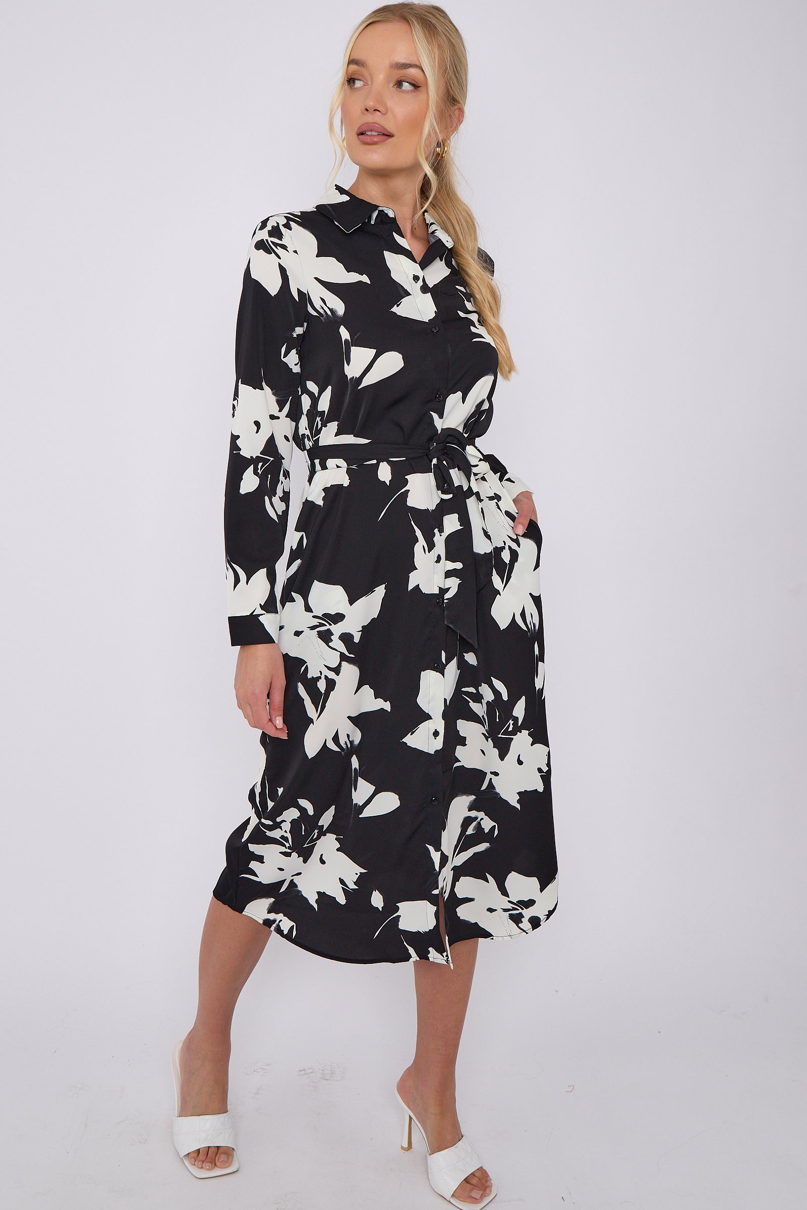 Mono Floral Print Midi Shirt Dress LS-2156L-S43