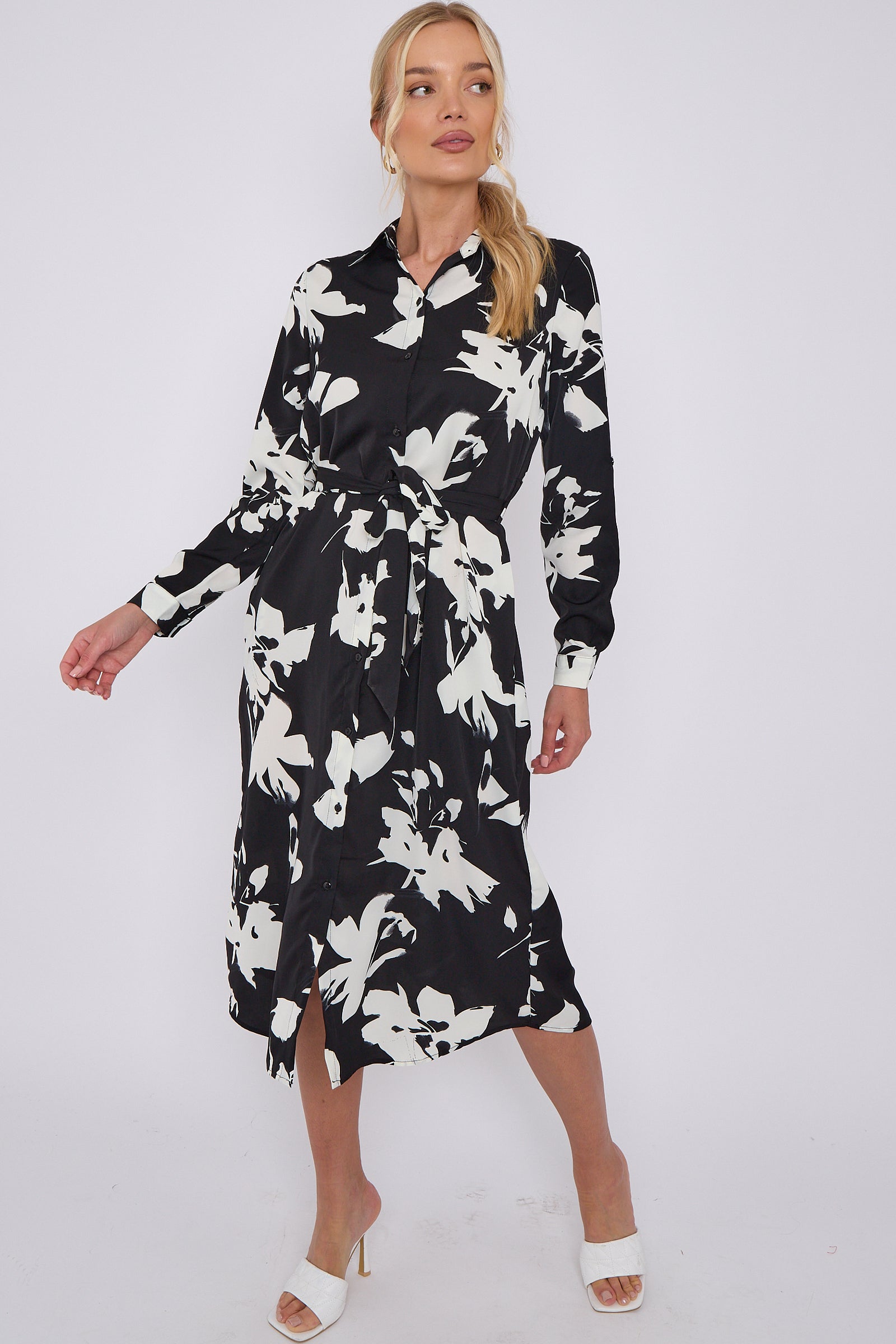 Mono Floral Print Midi Shirt Dress LS-2156L-S43