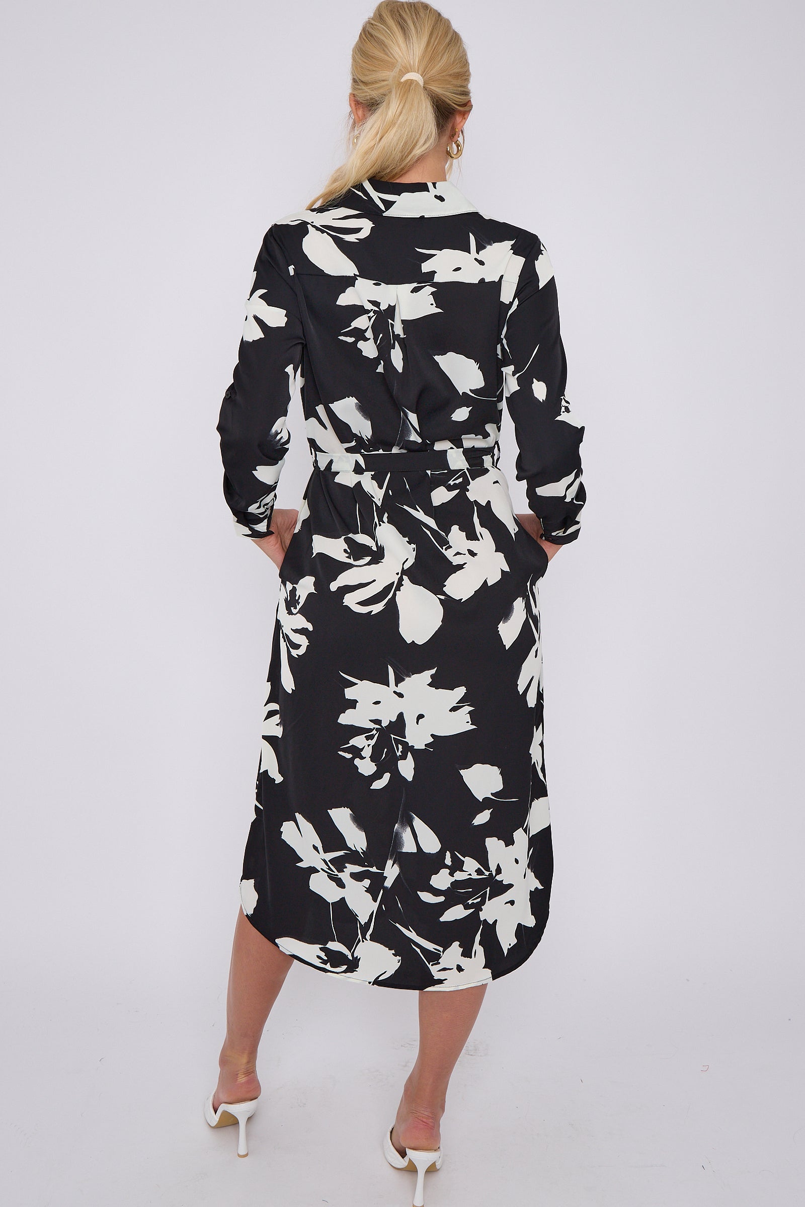 Mono Floral Print Midi Shirt Dress LS-2156L-S43