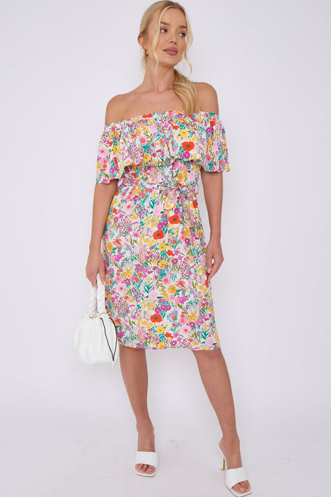 White Floral Print Bardot Mini Dress by LOVE SUNSHINE