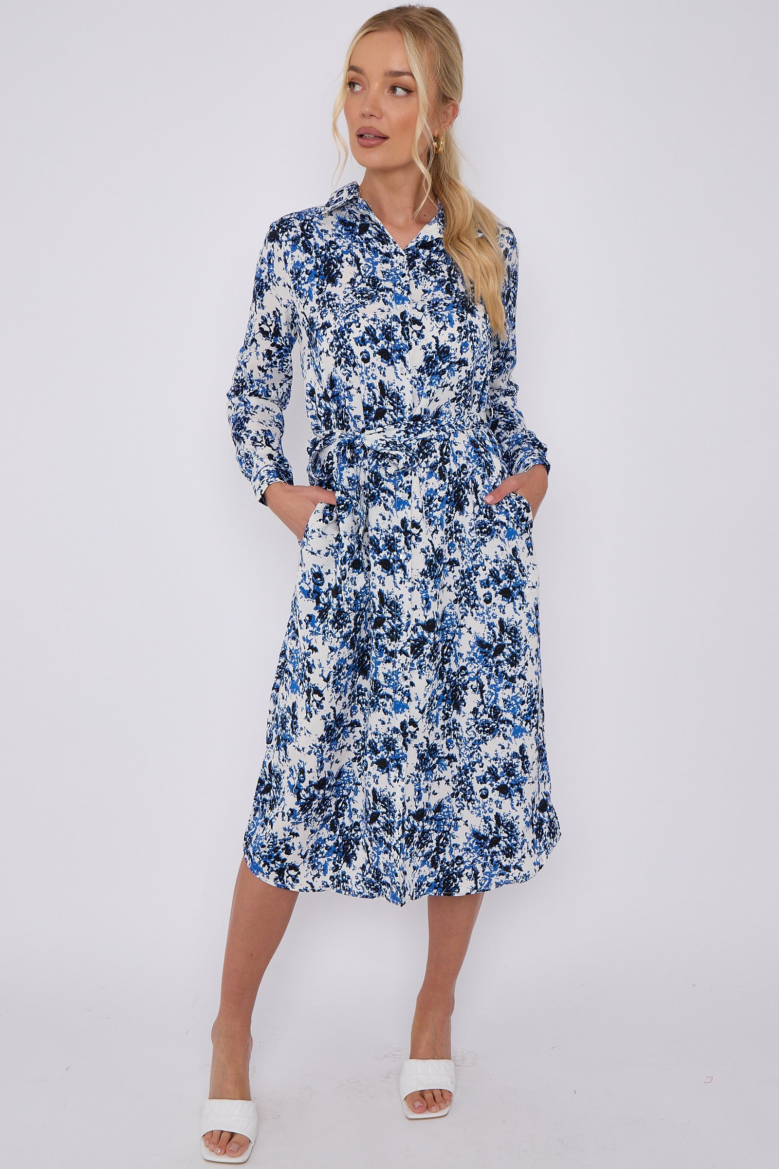 Blue Tie Dye Print Long Sleeve Midi Shirt Dress LS-2156L-S45