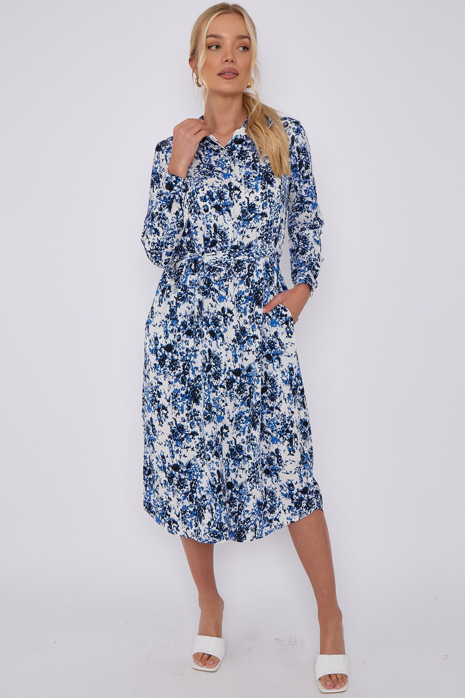 Blue Tie Dye Print Long Sleeve Midi Shirt Dress LS-2156L-S45