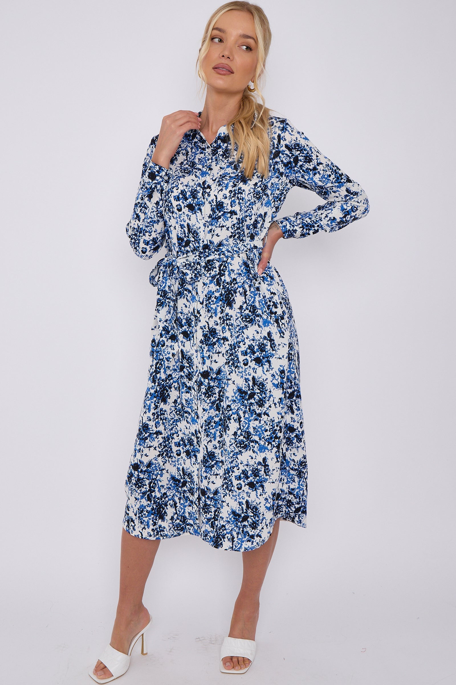 Blue Tie Dye Print Long Sleeve Midi Shirt Dress LS-2156L-S45