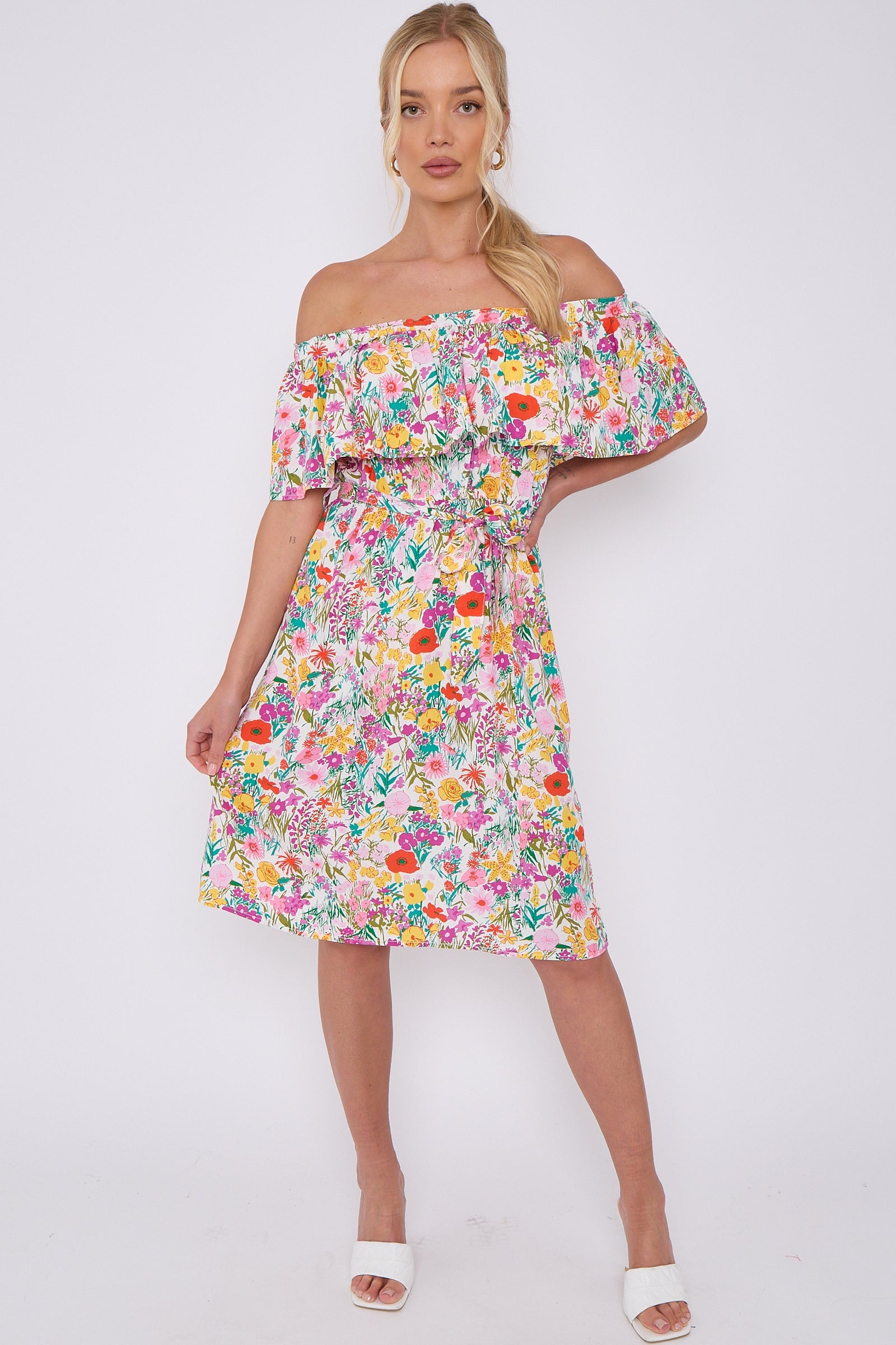 White Floral Print Bardot Mini Dress LS-2411S-KC1