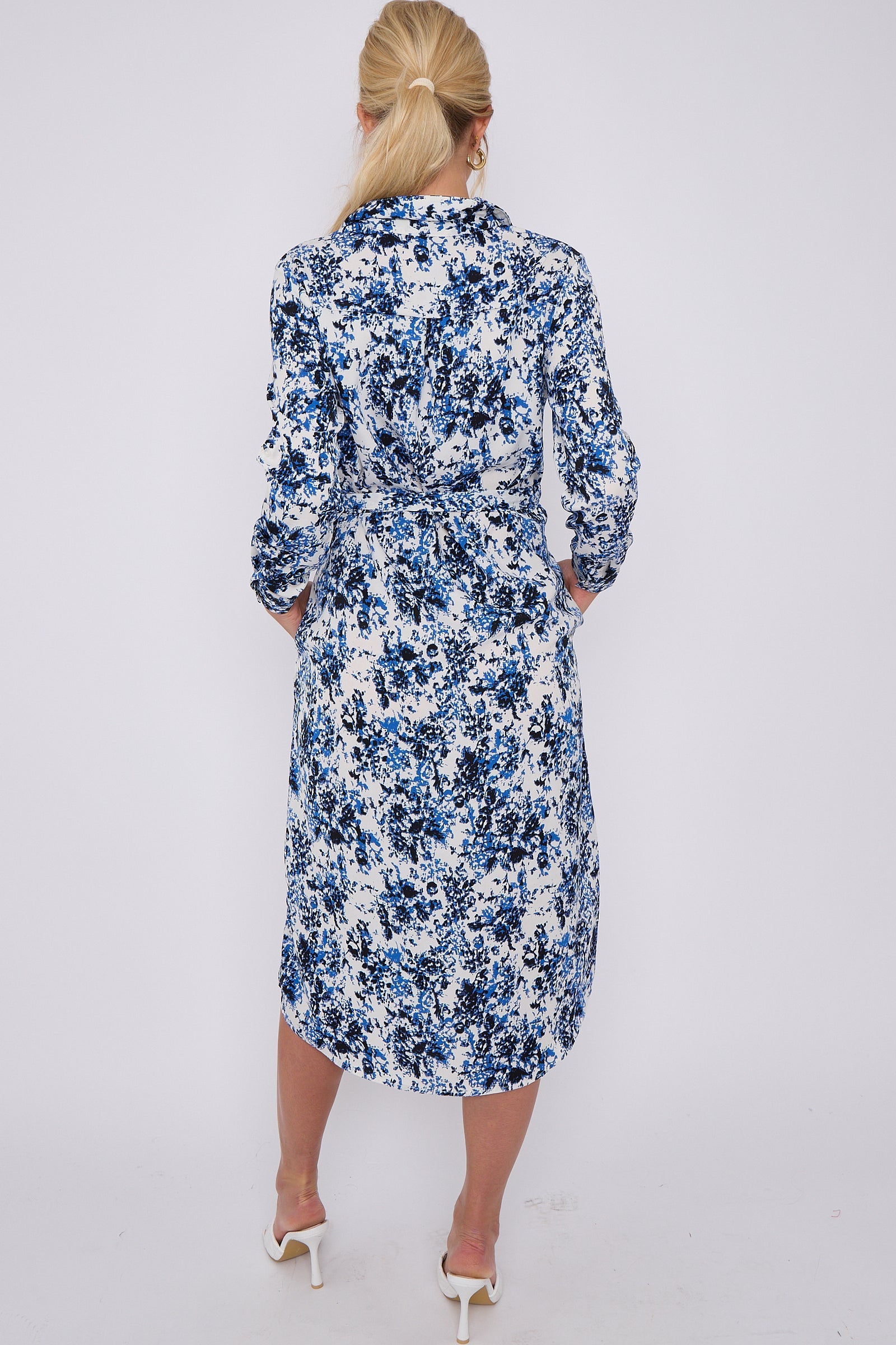 Blue Tie Dye Print Long Sleeve Midi Shirt Dress LS-2156L-S45