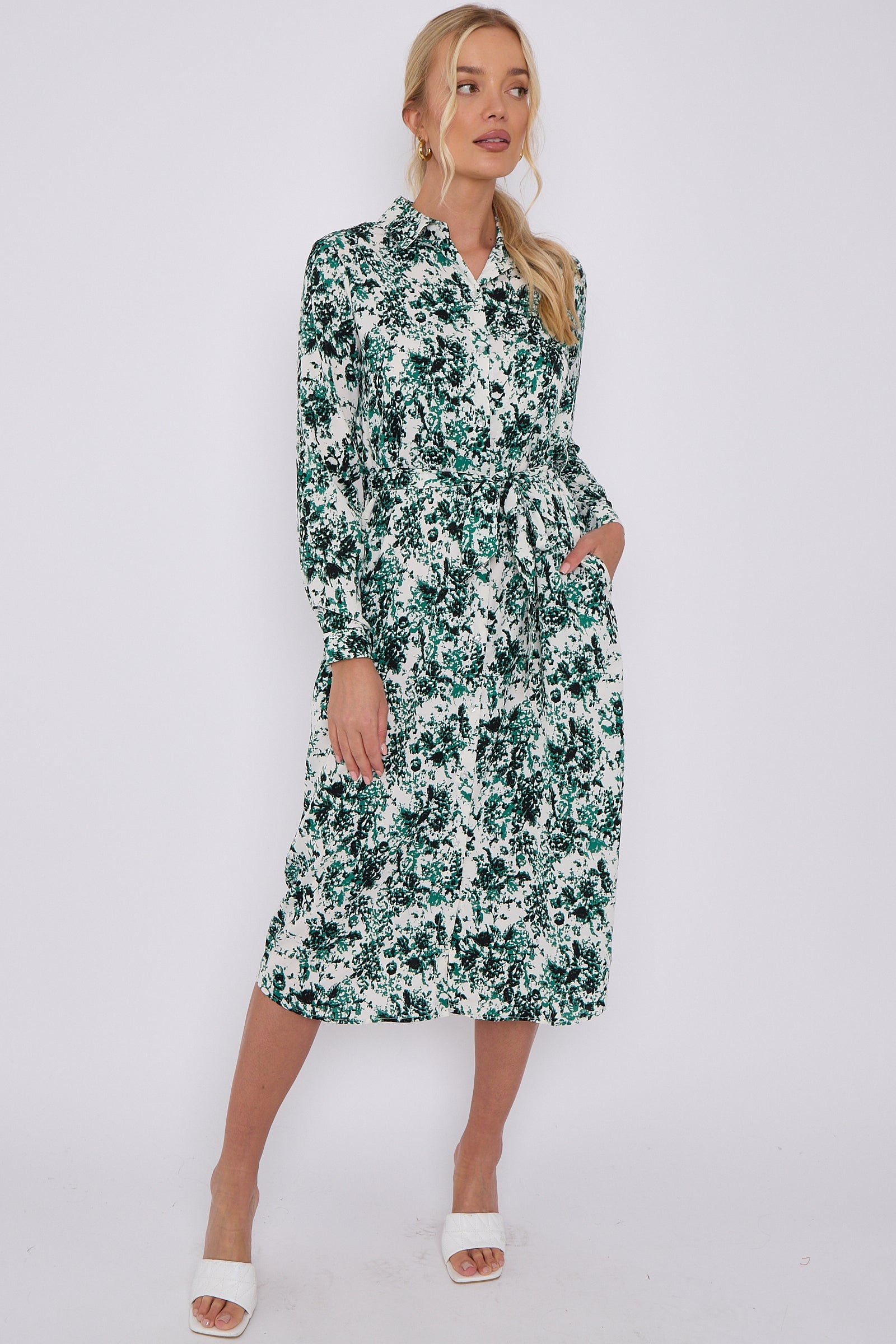 Green Tie Dye Print Long Sleeve Midi Shirt Dress LS-2156L-S47