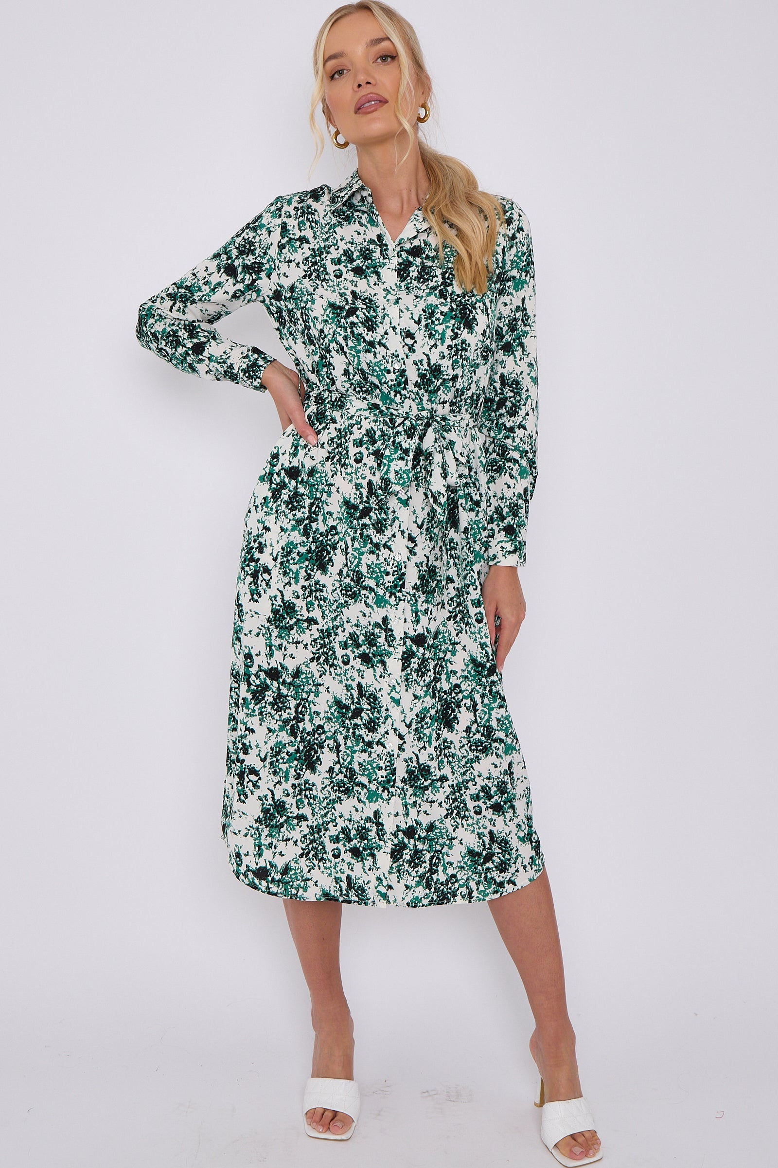 Green Tie Dye Print Long Sleeve Midi Shirt Dress LS-2156L-S47