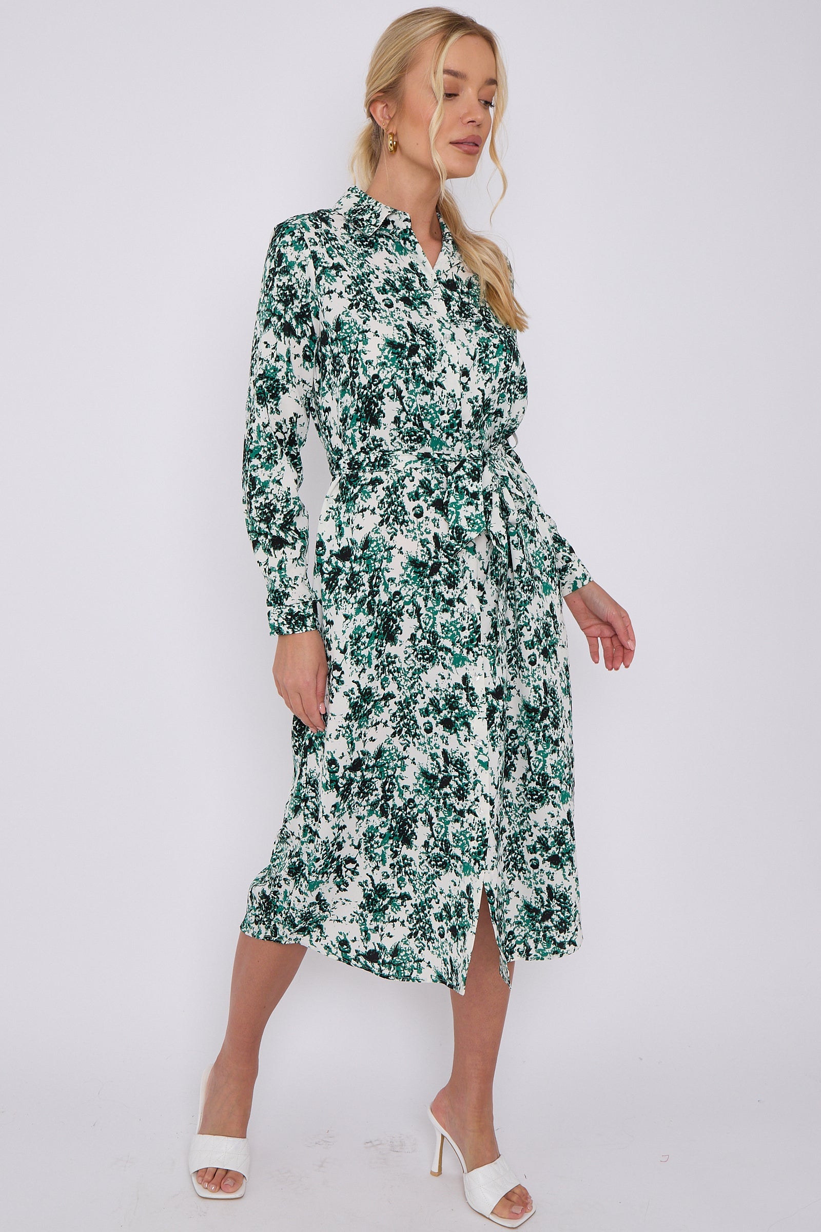 Green Tie Dye Print Long Sleeve Midi Shirt Dress LS-2156L-S47