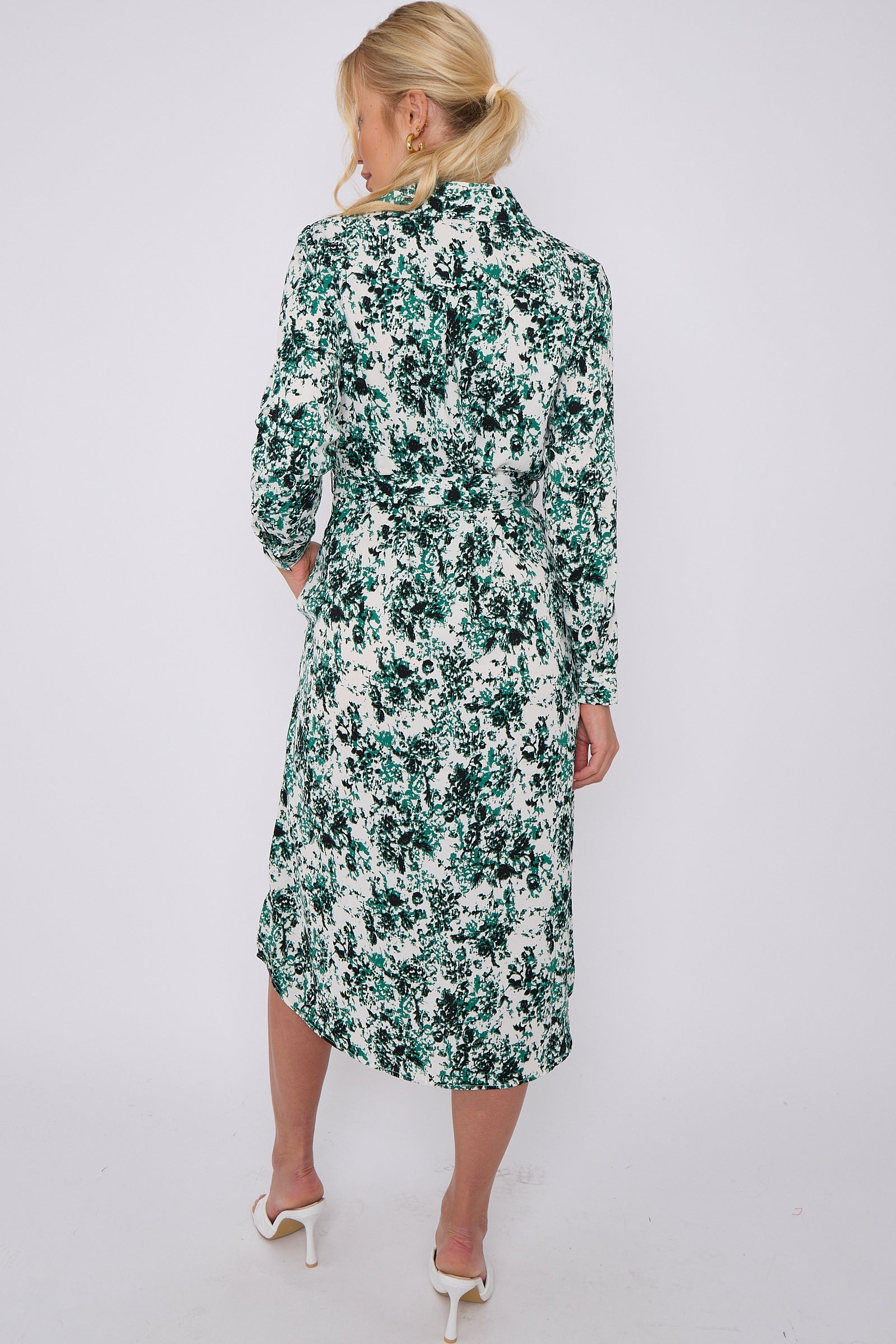 Green Tie Dye Print Long Sleeve Midi Shirt Dress LS-2156L-S47