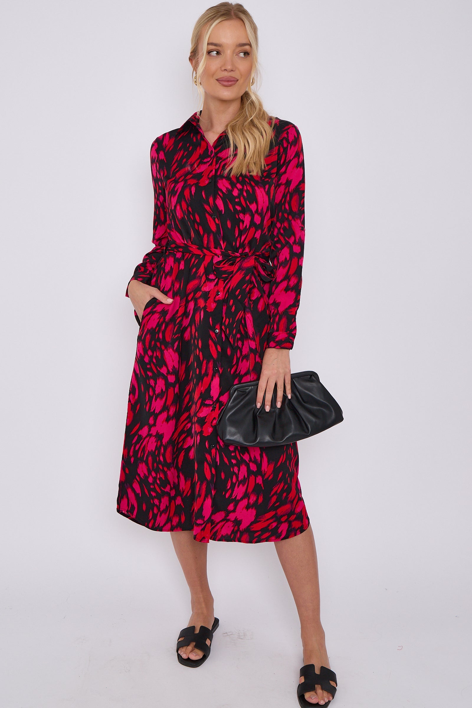 Fuchsia Leopard Print Long Sleeve Midi Shirt Dress LS-2156LL-S41