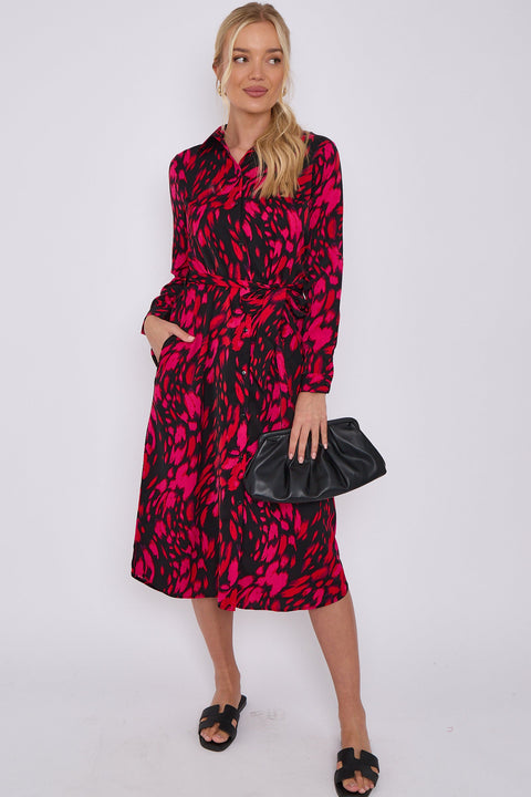 Fuchsia Leopard Print Long Sleeve Midi Shirt Dress by LOVE SUNSHINE