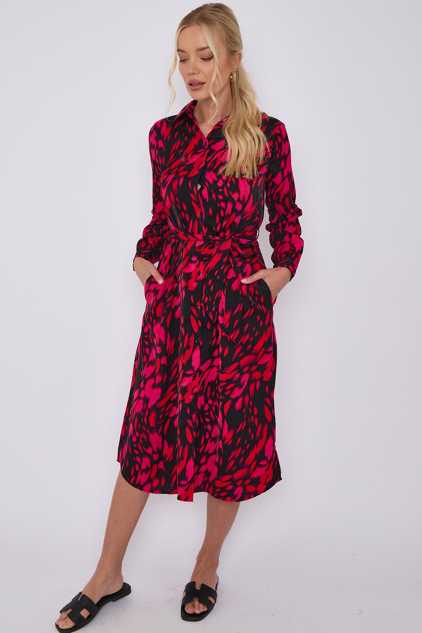 Fuchsia Leopard Print Long Sleeve Midi Shirt Dress LS-2156LL-S41