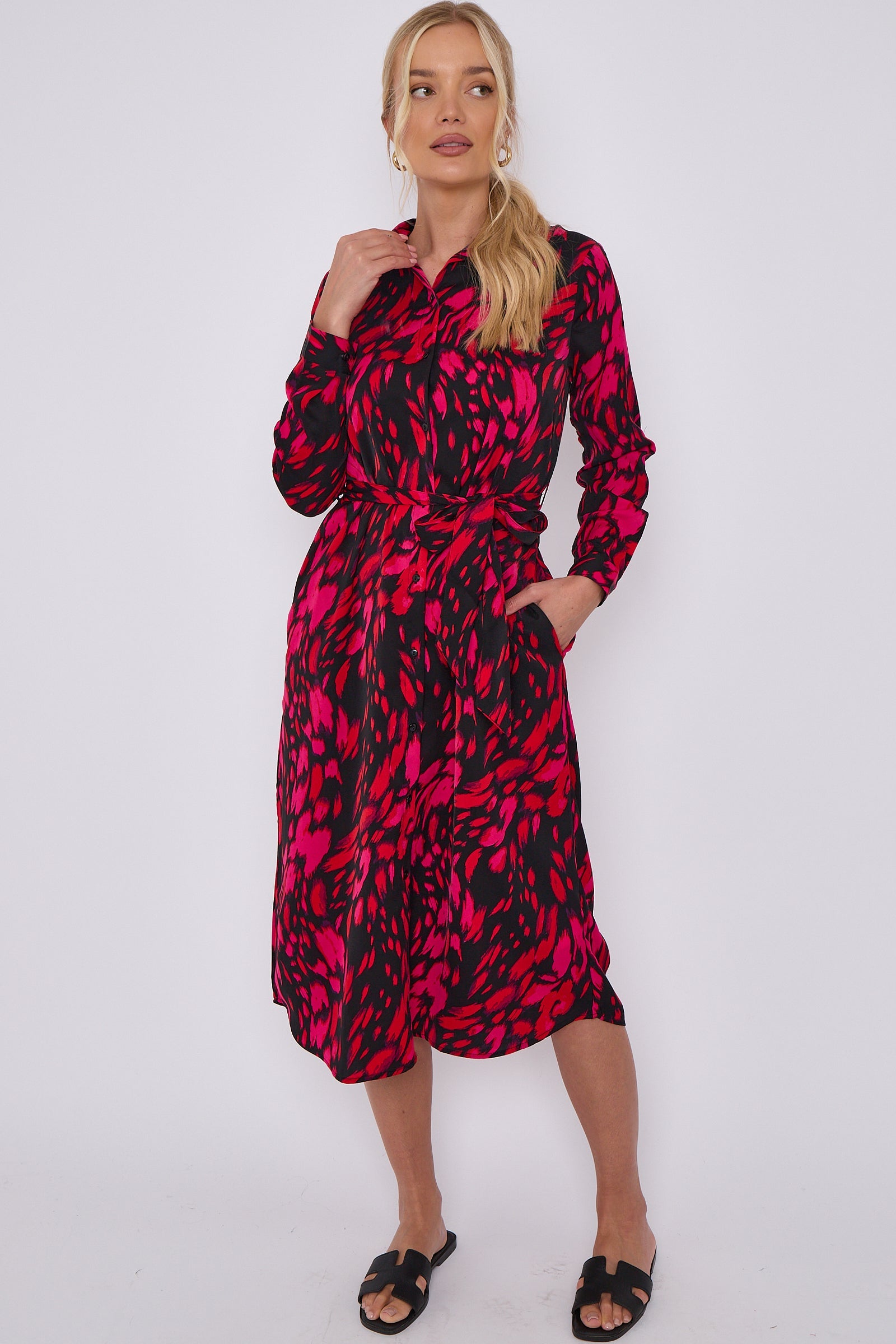 Fuchsia Leopard Print Long Sleeve Midi Shirt Dress LS-2156LL-S41