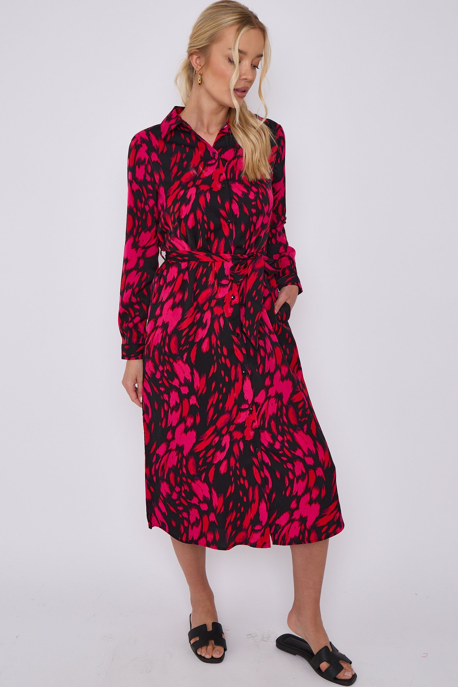 Fuchsia Leopard Print Long Sleeve Midi Shirt Dress LS-2156LL-S41