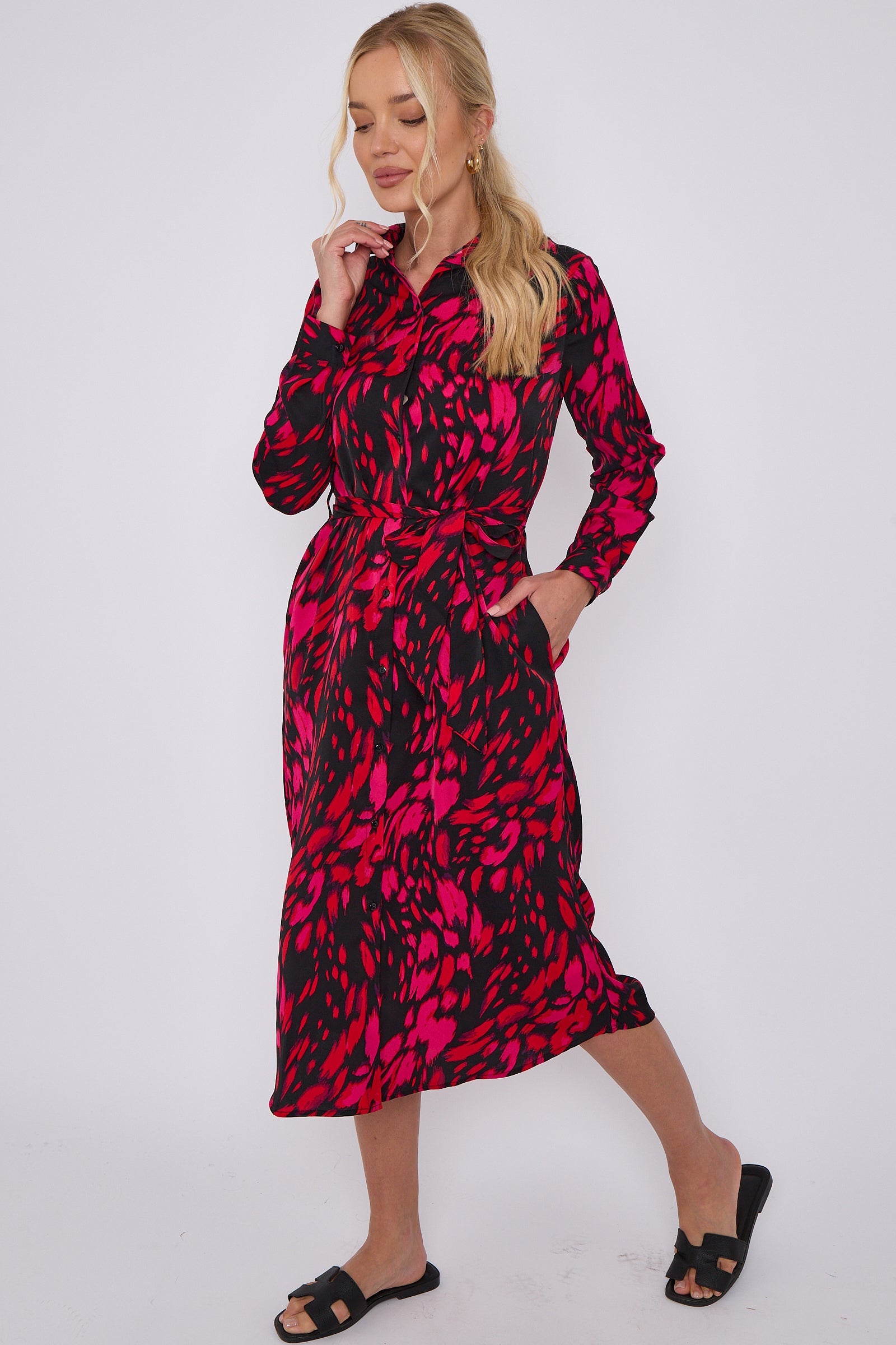 Fuchsia Leopard Print Long Sleeve Midi Shirt Dress LS-2156LL-S41