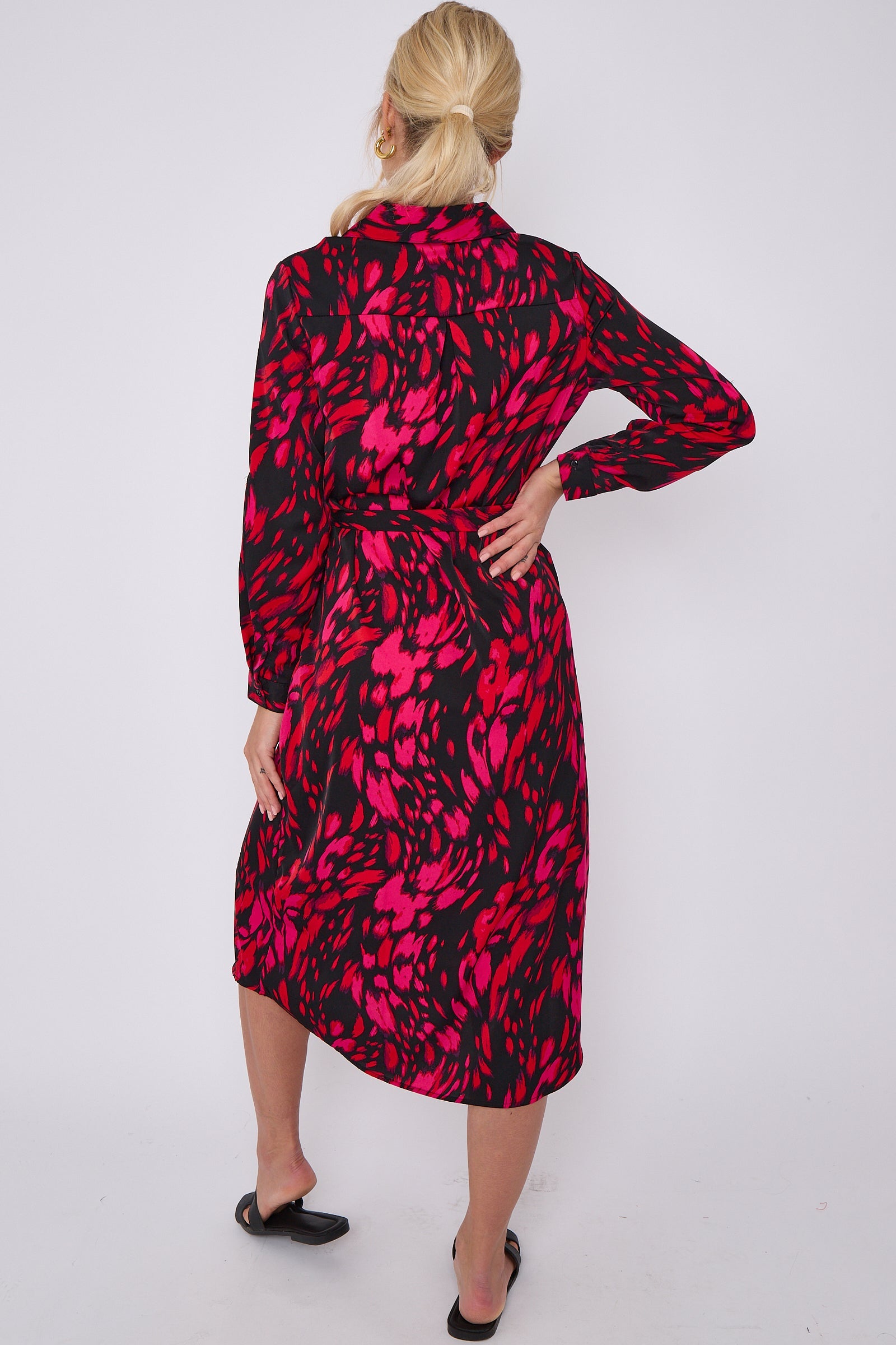 Fuchsia Leopard Print Long Sleeve Midi Shirt Dress LS-2156LL-S41