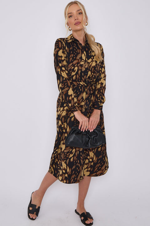 Brown Leopard Print Long Sleeve Midi Shirt Dress by LOVE SUNSHINE