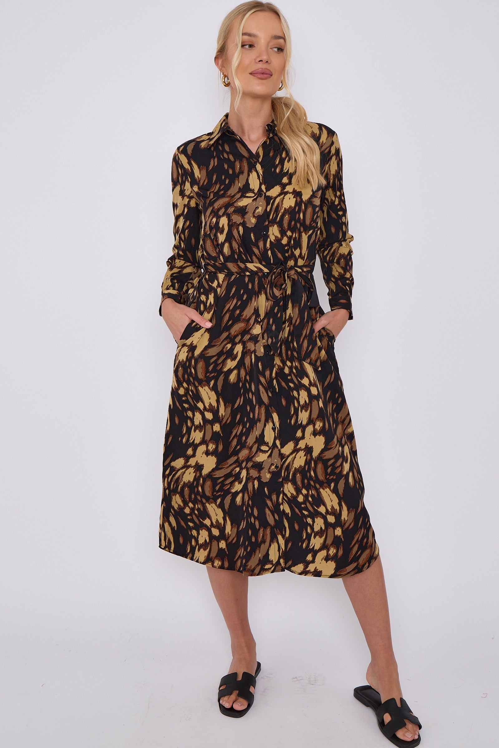 Brown Leopard Print Long Sleeve Midi Shirt Dress LS-2156LL-S42