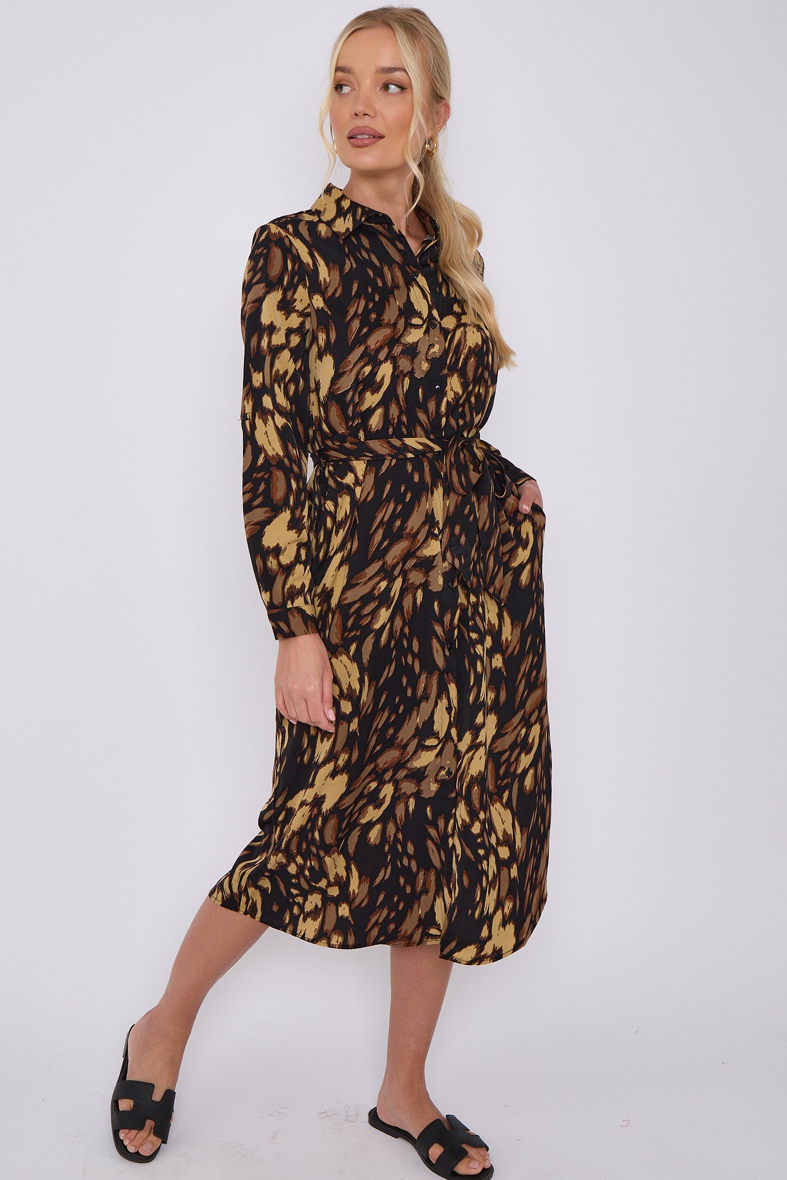 Brown Leopard Print Long Sleeve Midi Shirt Dress Goddiva