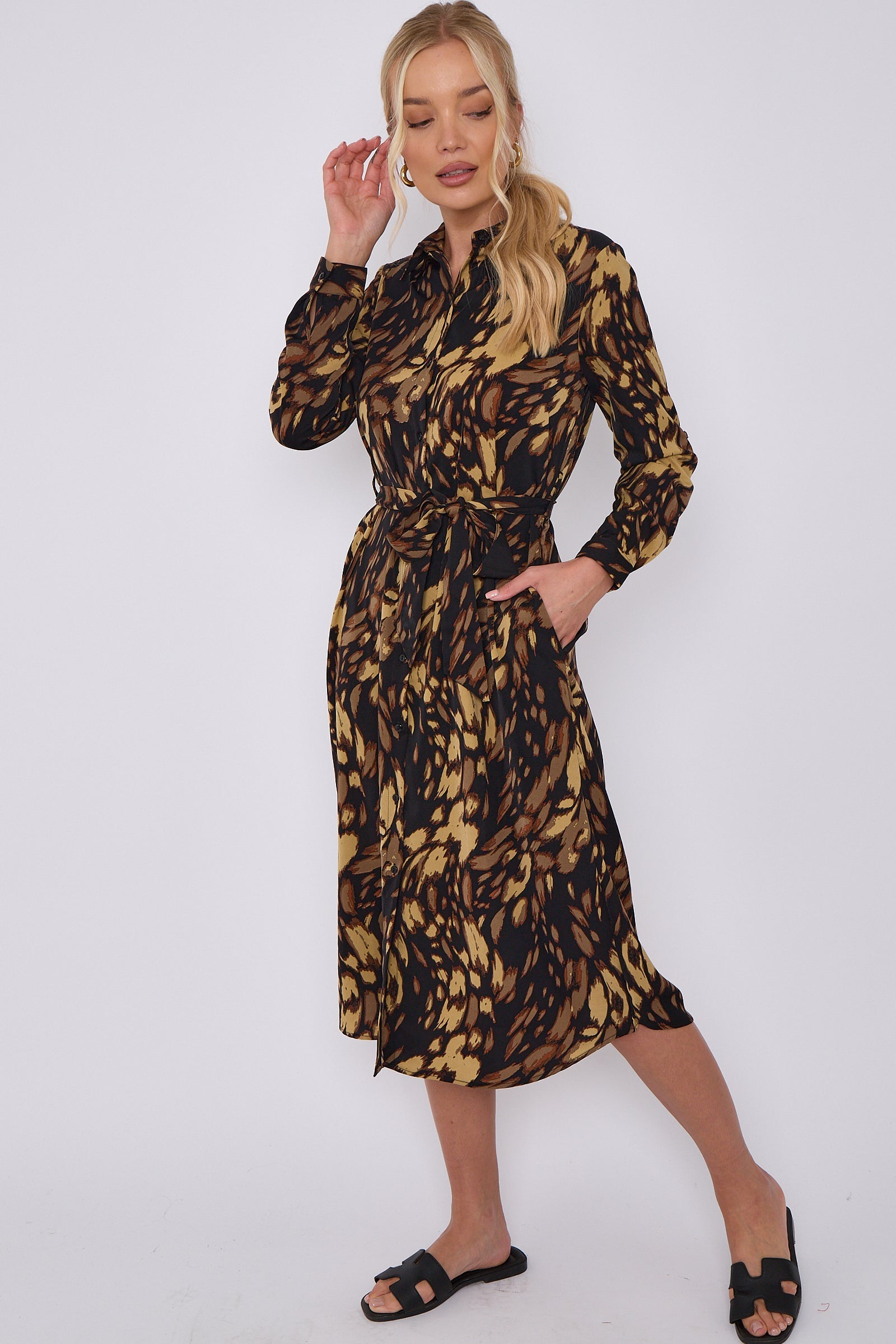 Brown Leopard Print Long Sleeve Midi Shirt Dress LS-2156LL-S42