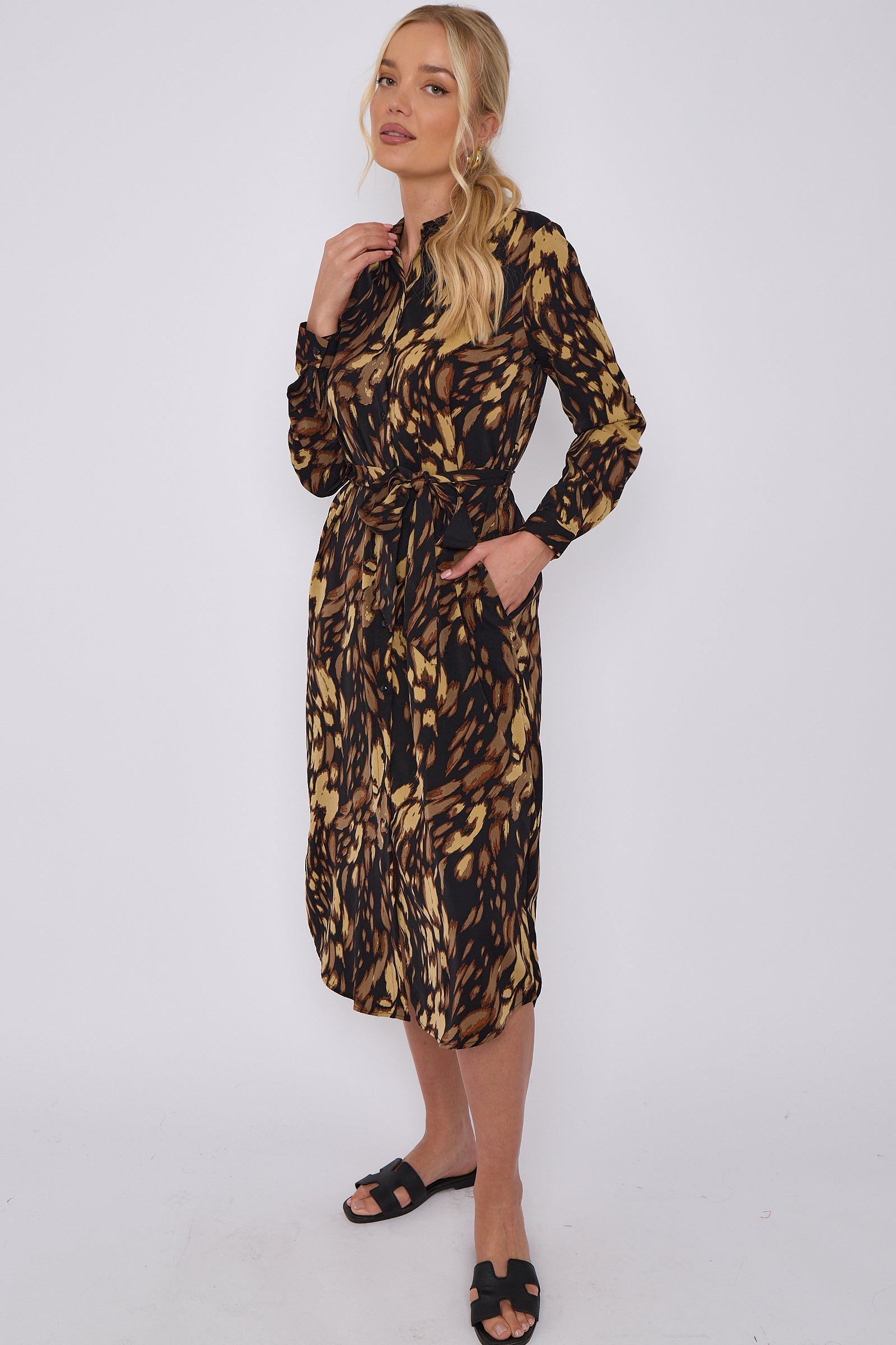 Brown Leopard Print Long Sleeve Midi Shirt Dress LS-2156LL-S42