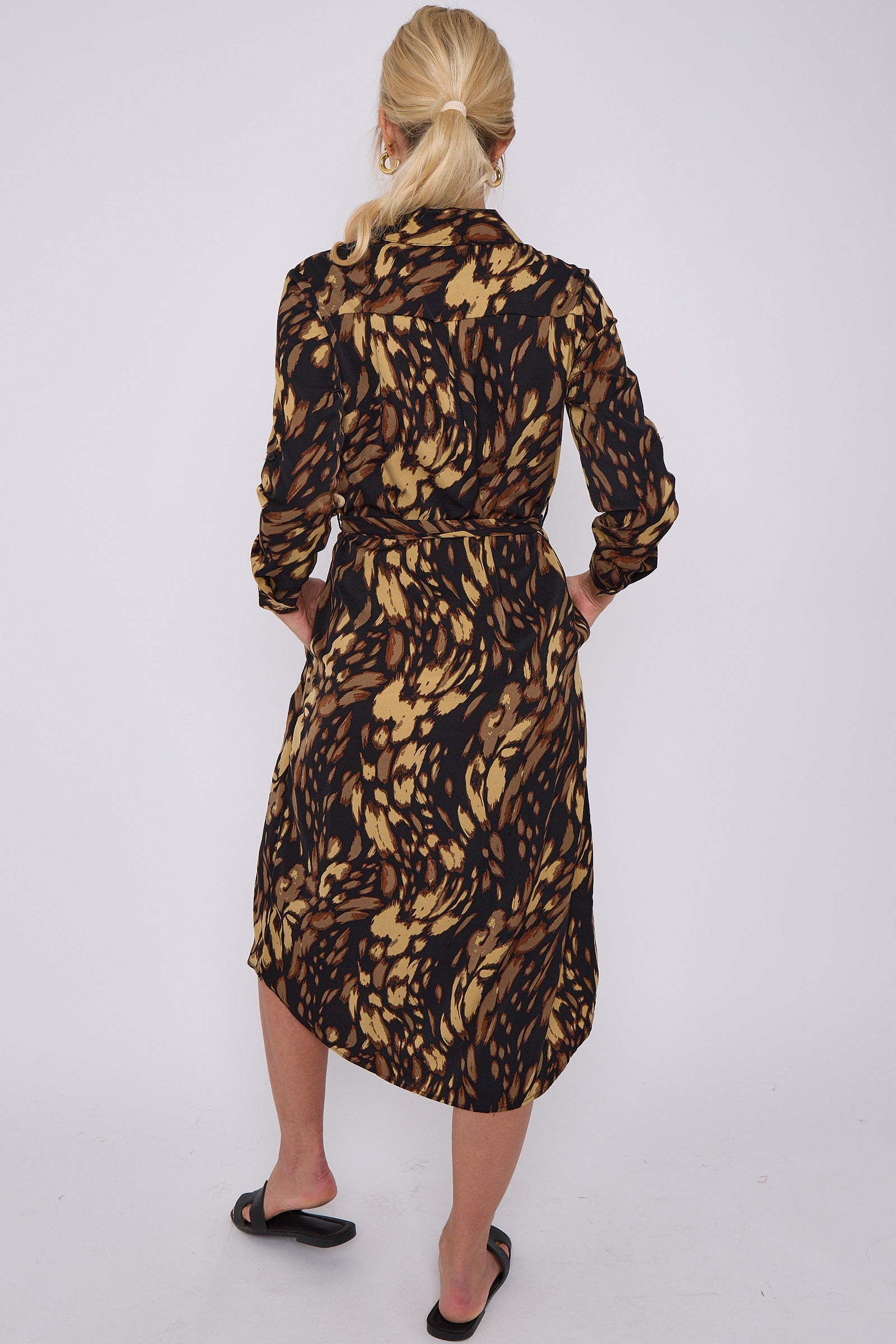 Brown Leopard Print Long Sleeve Midi Shirt Dress LS-2156LL-S42