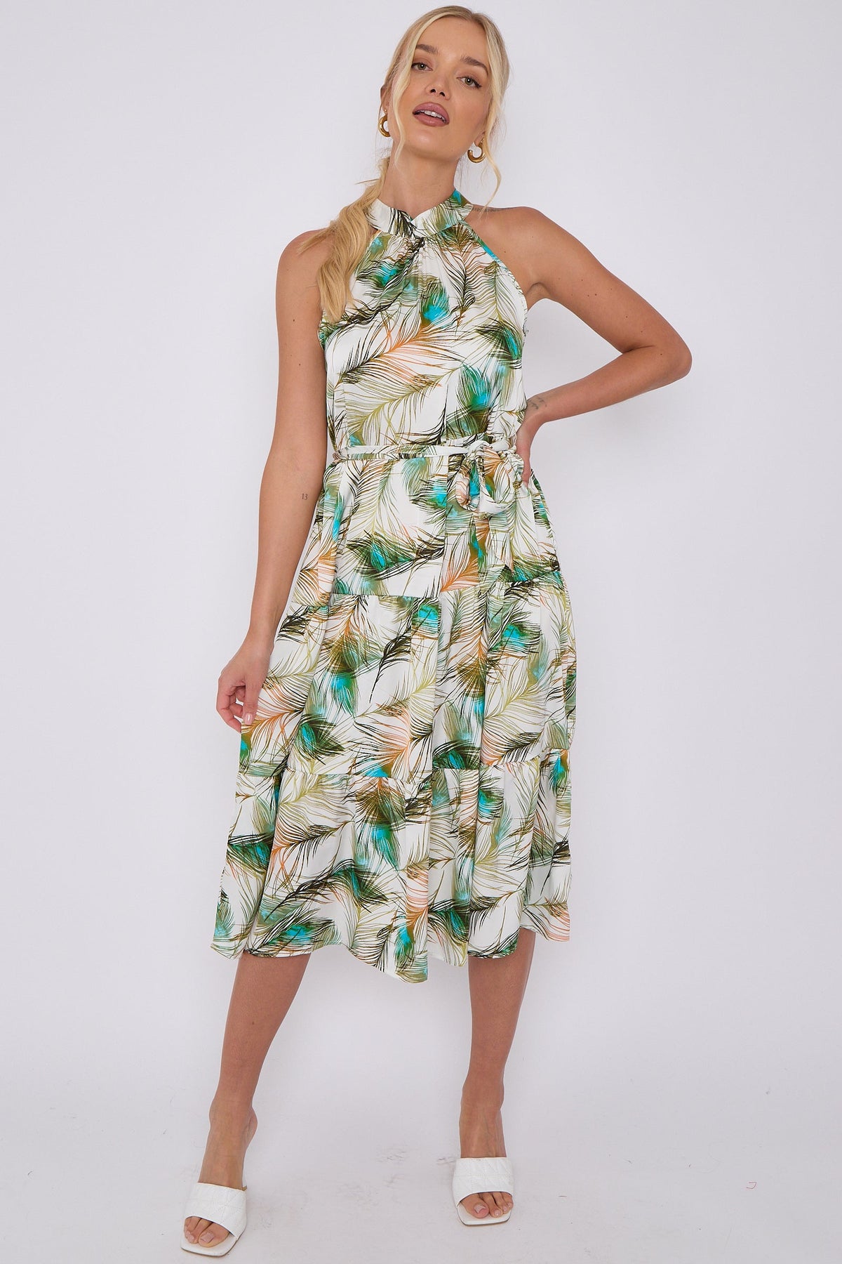 Peacock Feather Print Halter Neck Satin Midi Dress LS-2404-HN2