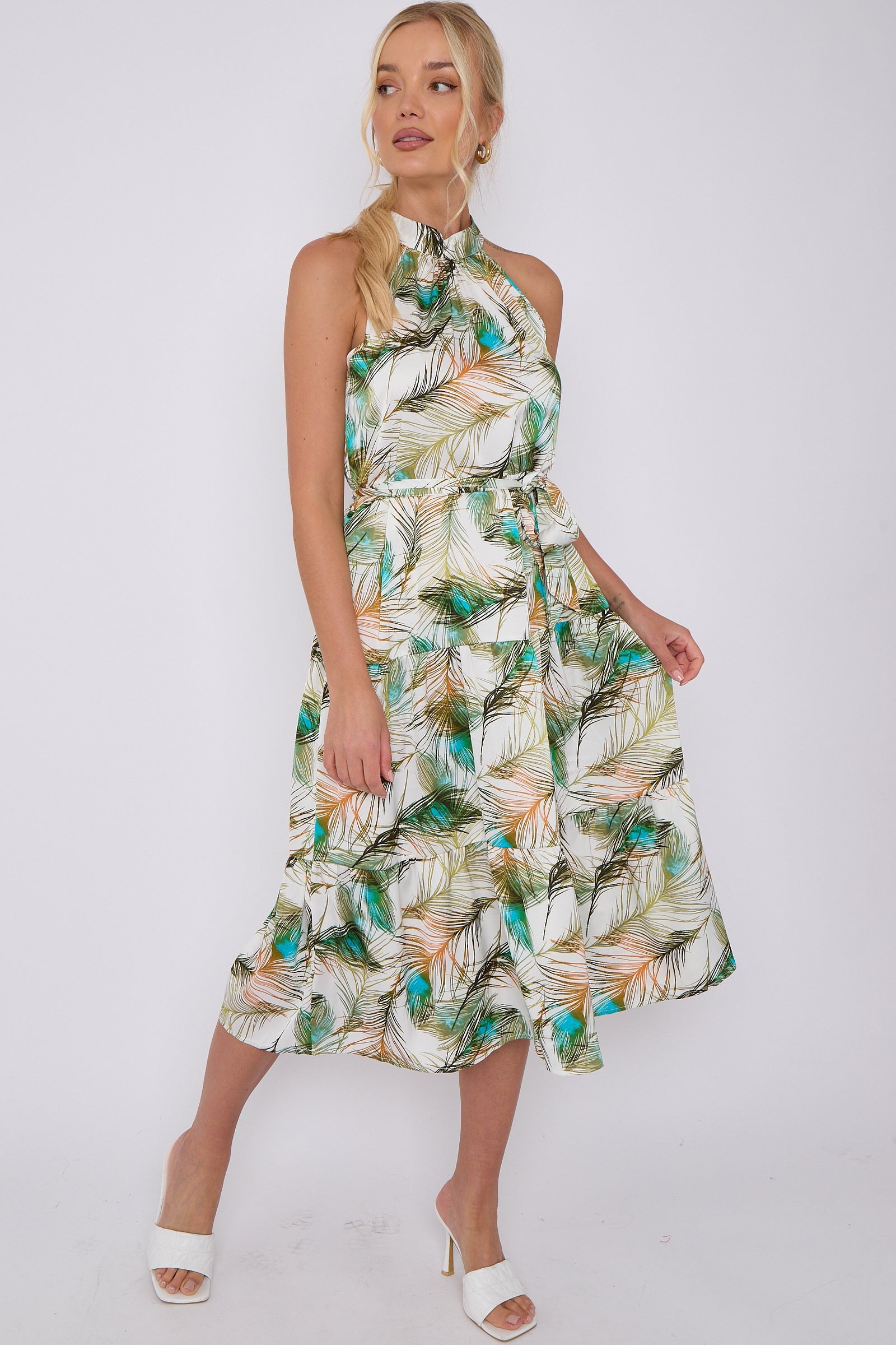 Peacock Feather Print Halter Neck Satin Midi Dress LS-2404-HN2