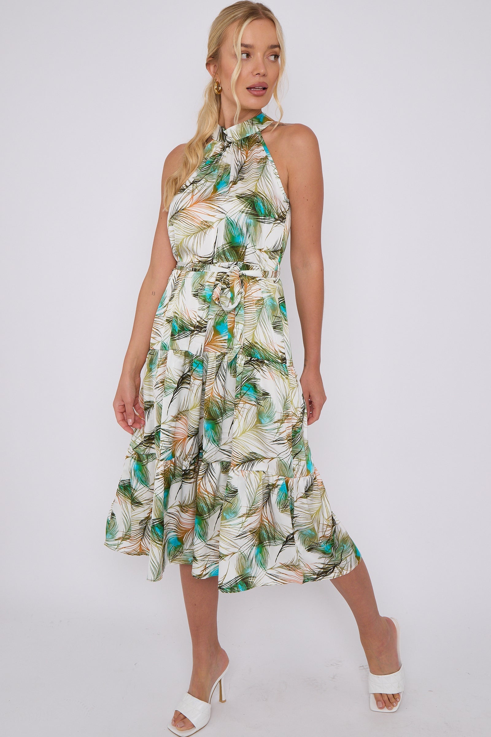 Peacock Feather Print Halter Neck Satin Midi Dress LS-2404-HN2