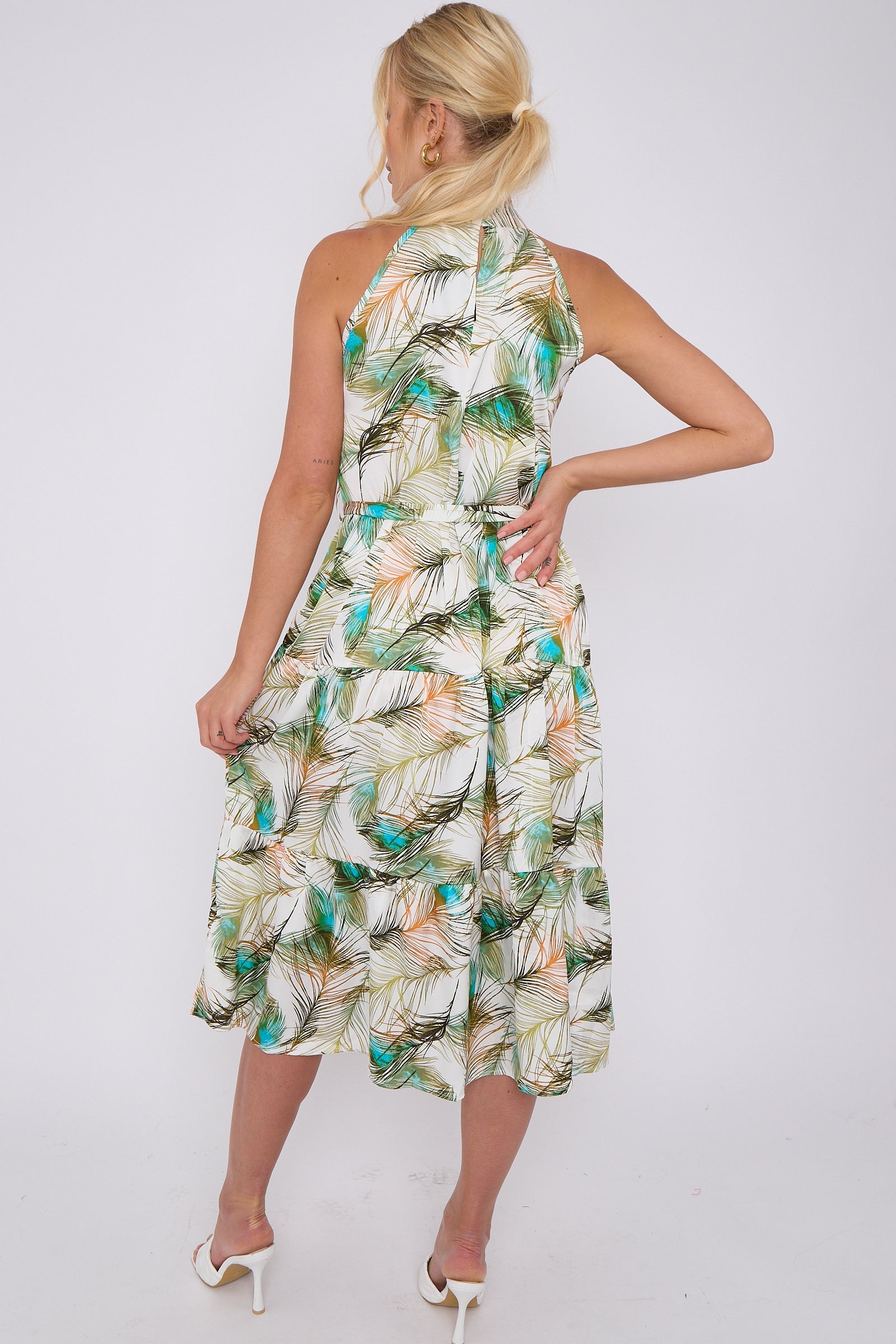 Peacock Feather Print Halter Neck Satin Midi Dress LS-2404-HN2