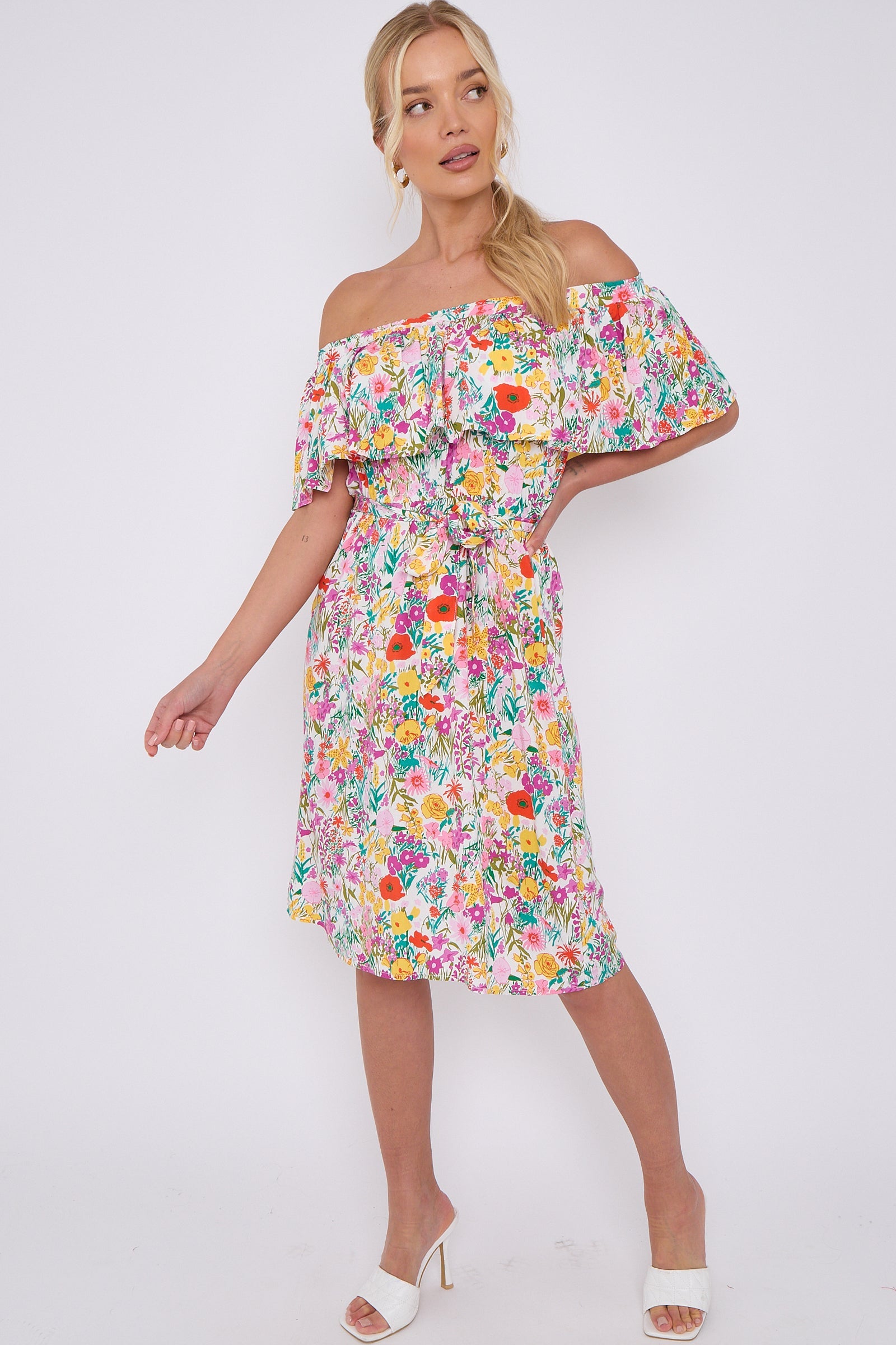 White Floral Print Bardot Mini Dress LS-2411S-KC1