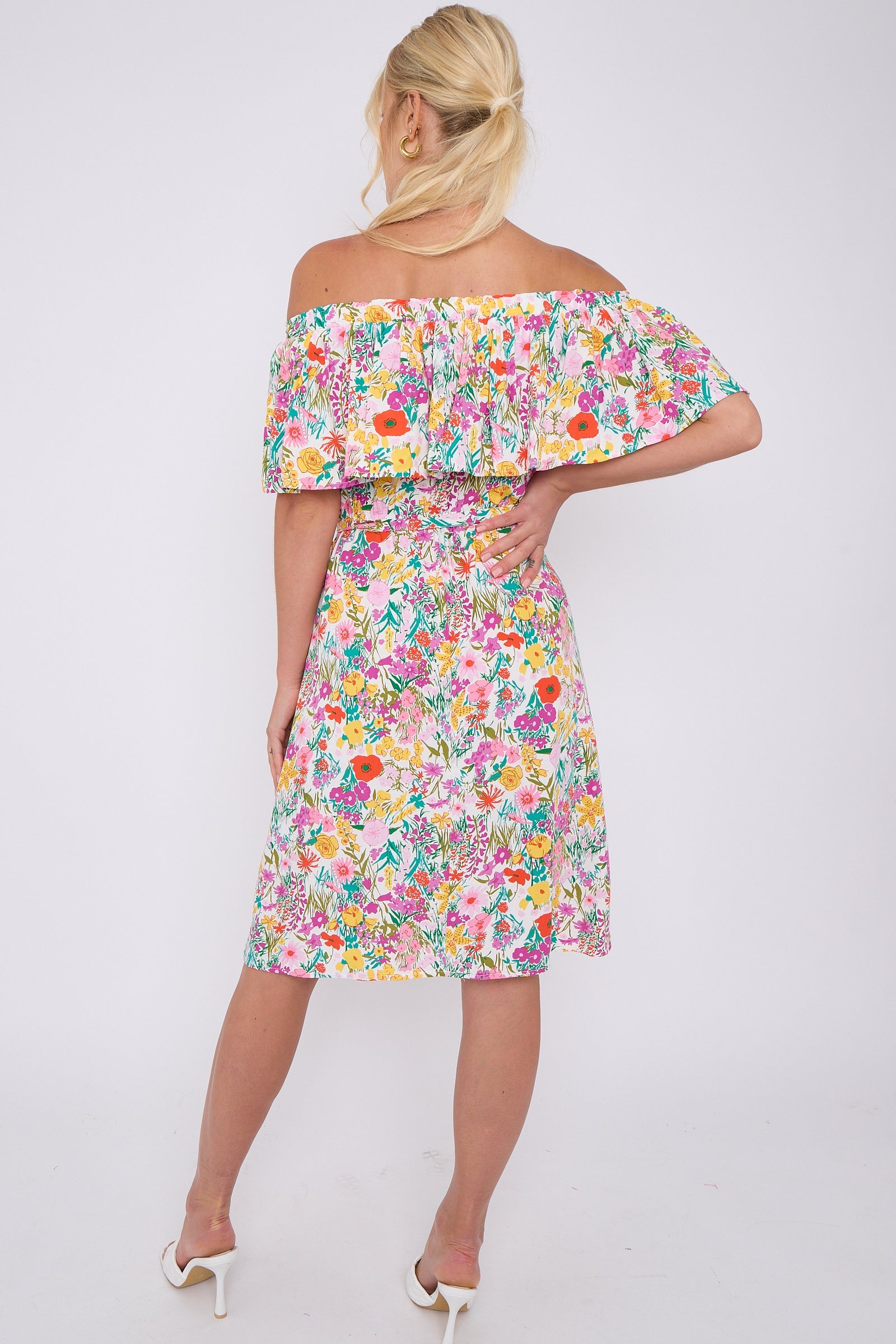 White Floral Print Bardot Mini Dress LS-2411S-KC1