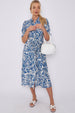 LOVE SUNSHINE Blue Floral Print Baloon Sleeve Knotted Midi Dress