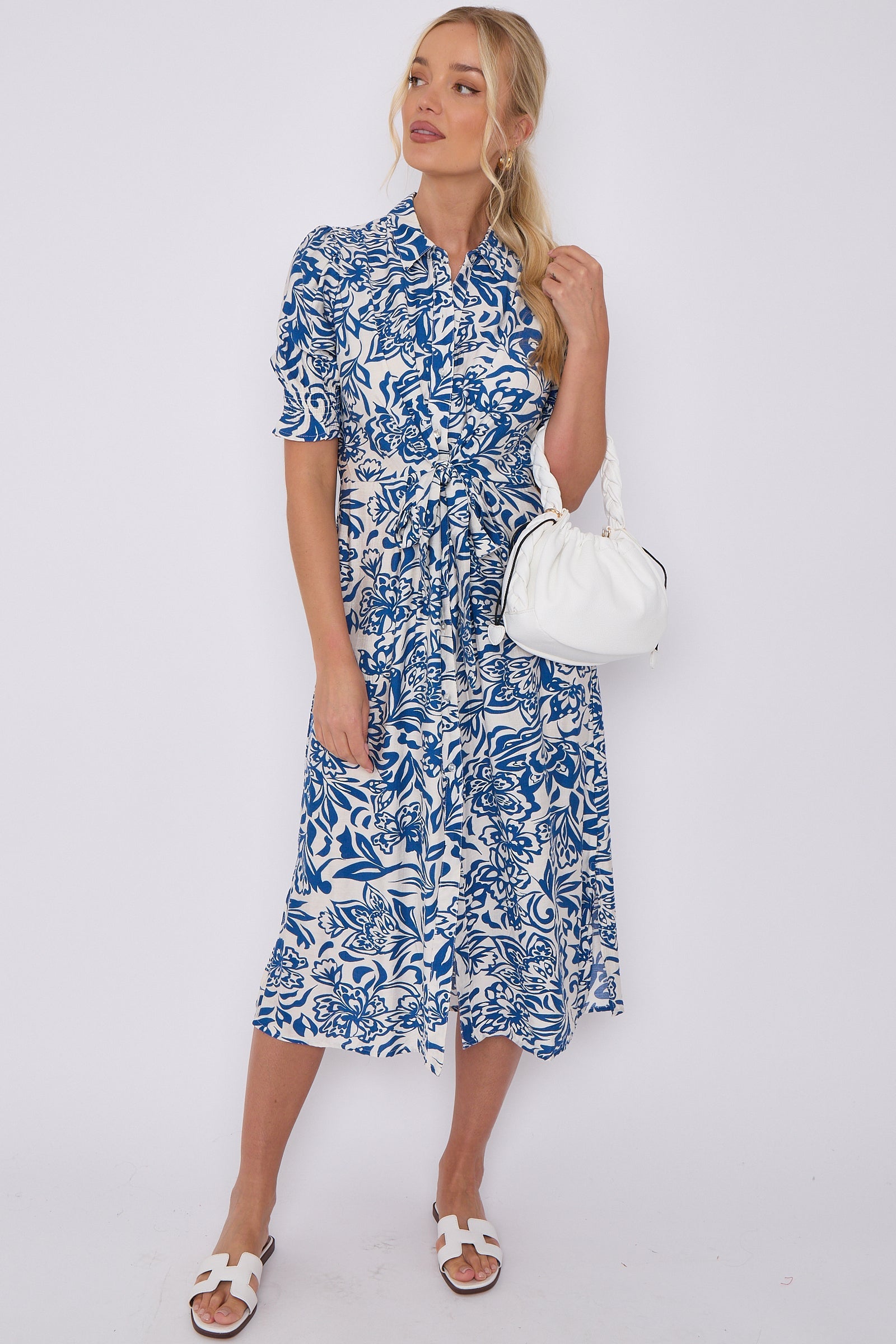 Blue Floral Print Baloon Sleeve Knotted Midi Dress LS-2405-CW3